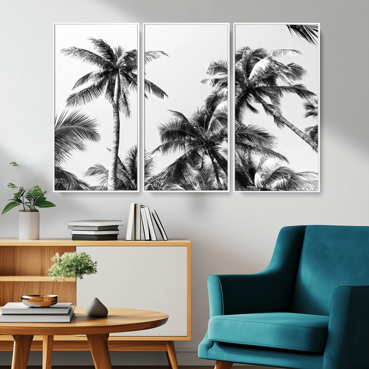 Black and white canvas of tall palm trees in moody tones, perfect for modern tropical minimalist or coastal-style home decor.