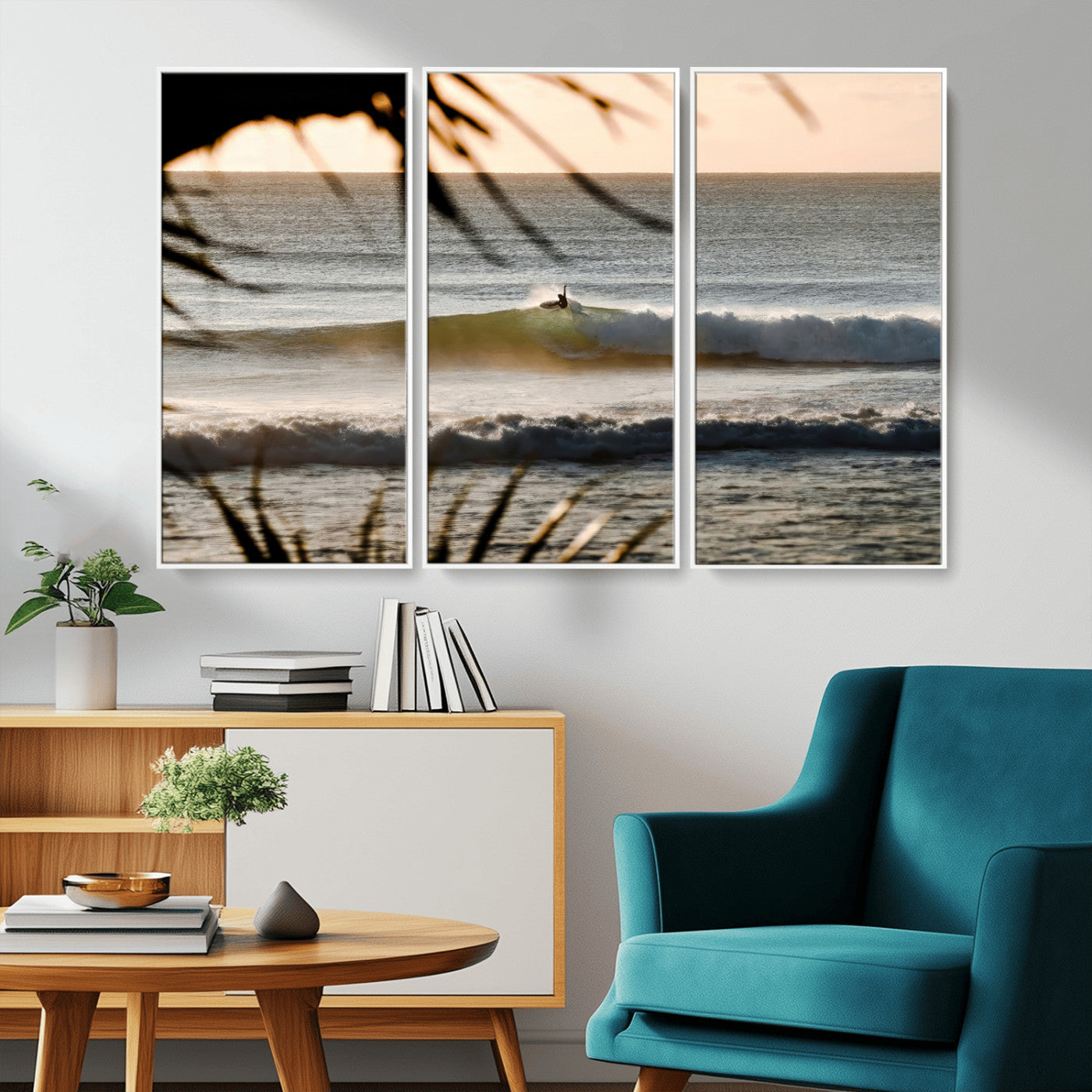 Photo of a surfer riding a golden hour wave at sunset, with tropical tones and dreamy light, perfect for tropical boho or coastal home decor.