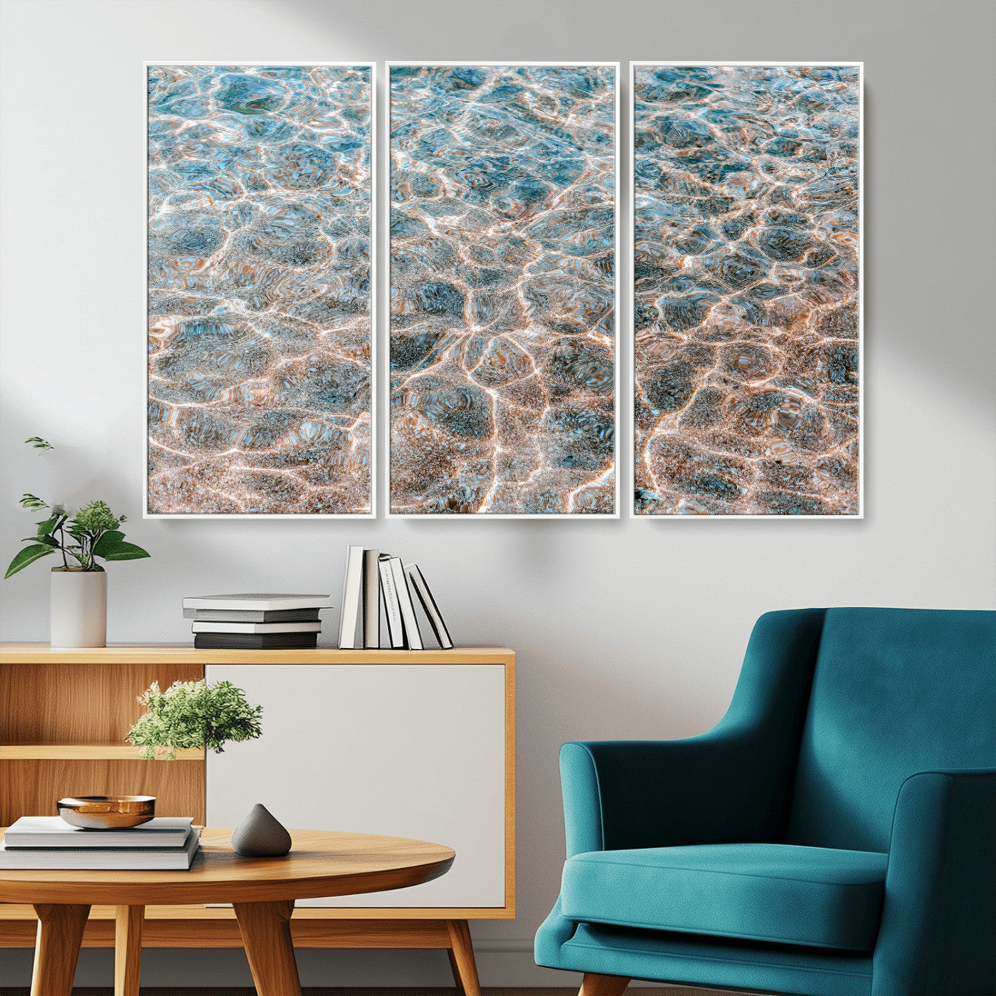 Close-up of sunlit ocean ripples with aqua blue and golden tones, ideal for modern coastal or minimalist home decor.