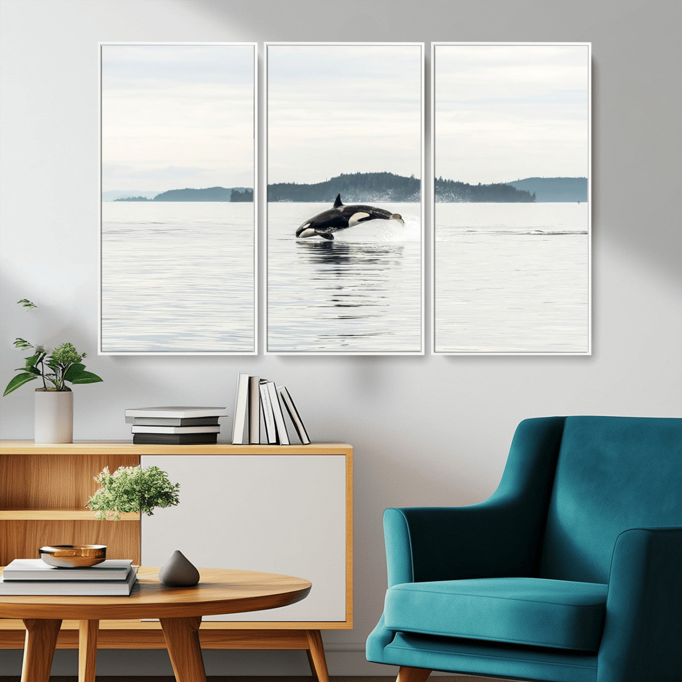 An orca jumping out of calm ocean waters with a misty island in the background, creating a serene and minimalist marine wildlife scene.