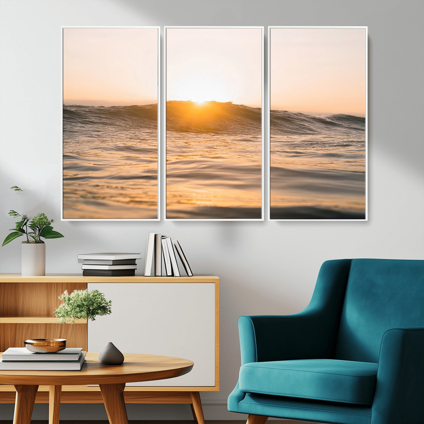 Ocean waves glowing under a warm golden sunset, reflecting soft light and calm movement, perfect for warm minimalist coastal interiors.