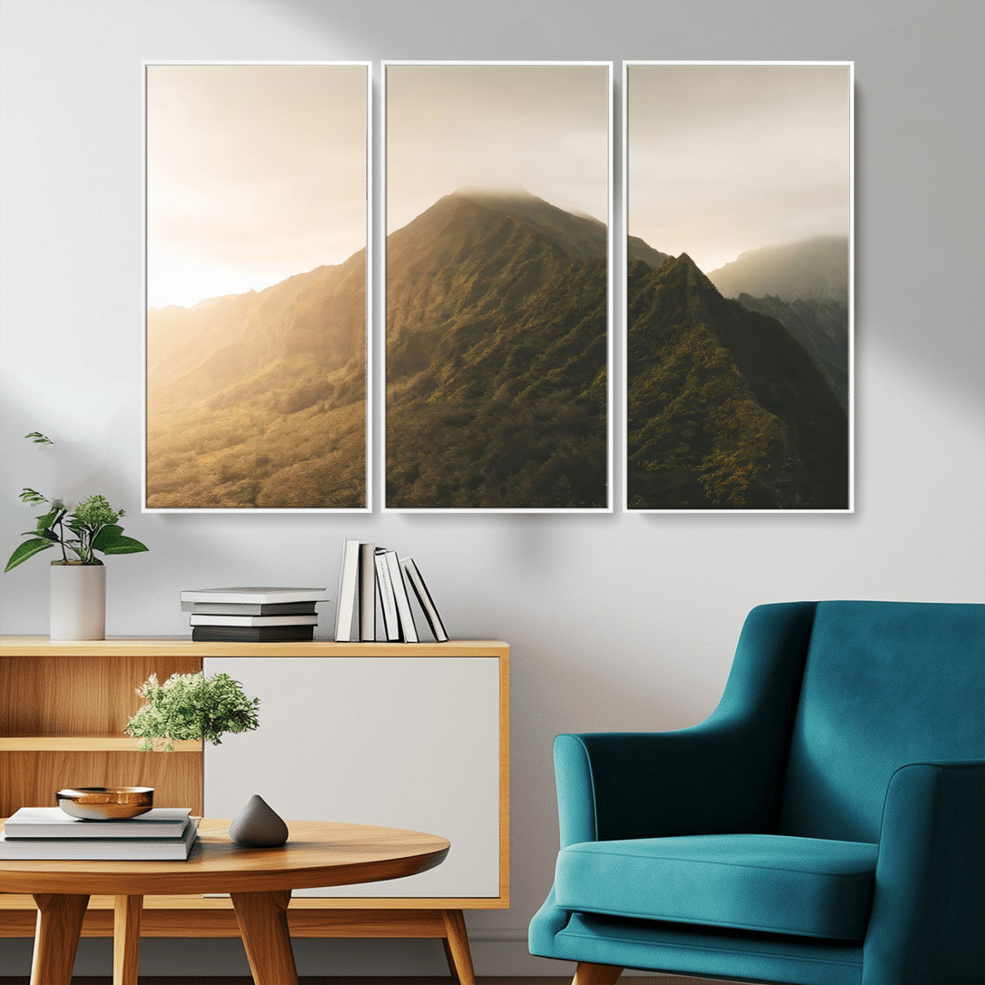 Sunlit mountain peak with mist rolling over its rugged slopes, bathed in golden light, creating a warm and tranquil nature-inspired scene.