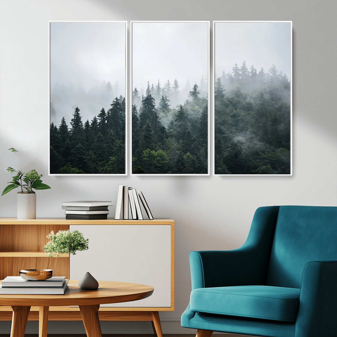 A misty evergreen forest shrouded in soft fog, creating a tranquil and moody landscape with lush green trees fading into the distance.