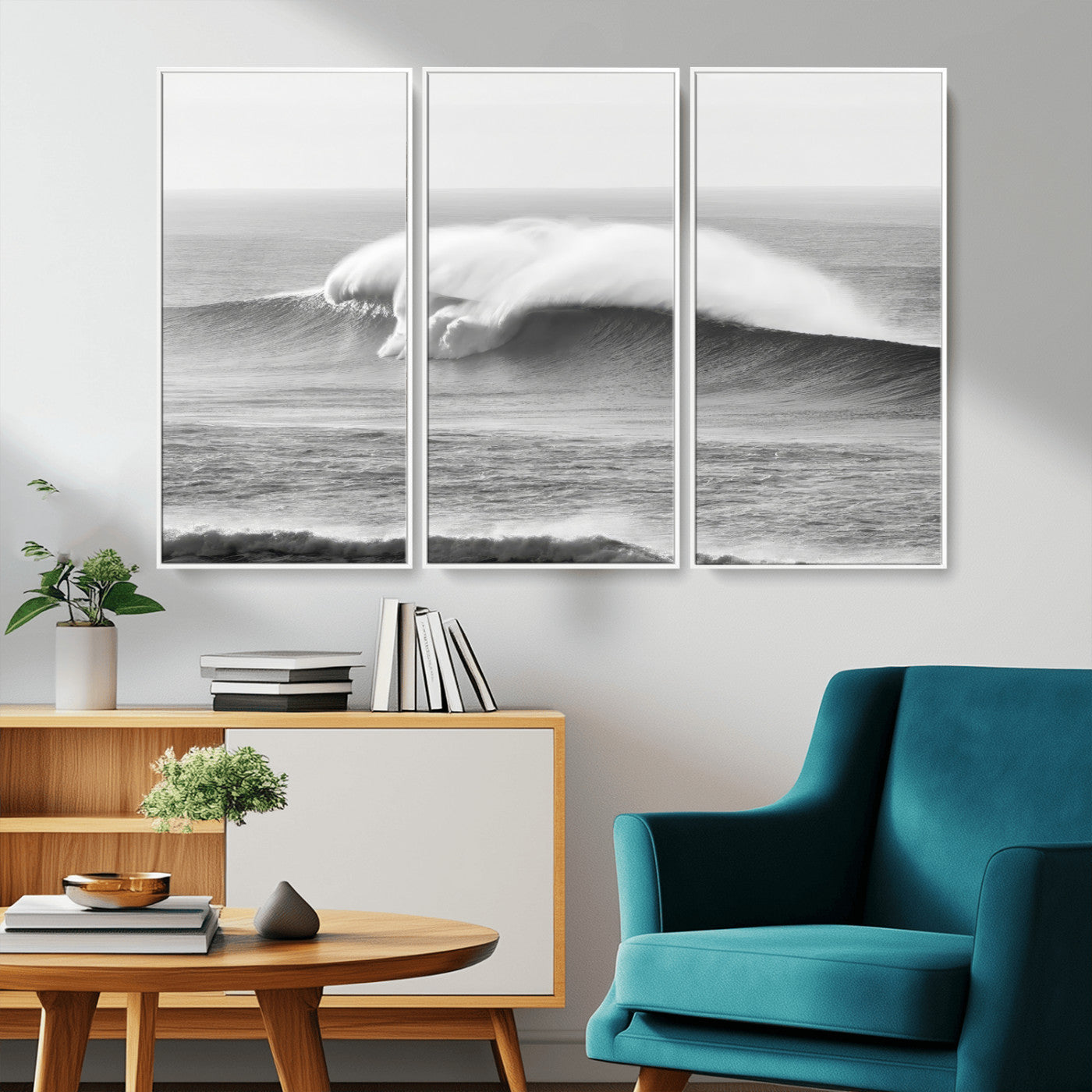 A dramatic black and white ocean wave crashing with immense force, capturing the raw power and movement of the sea in a bold seascape.
