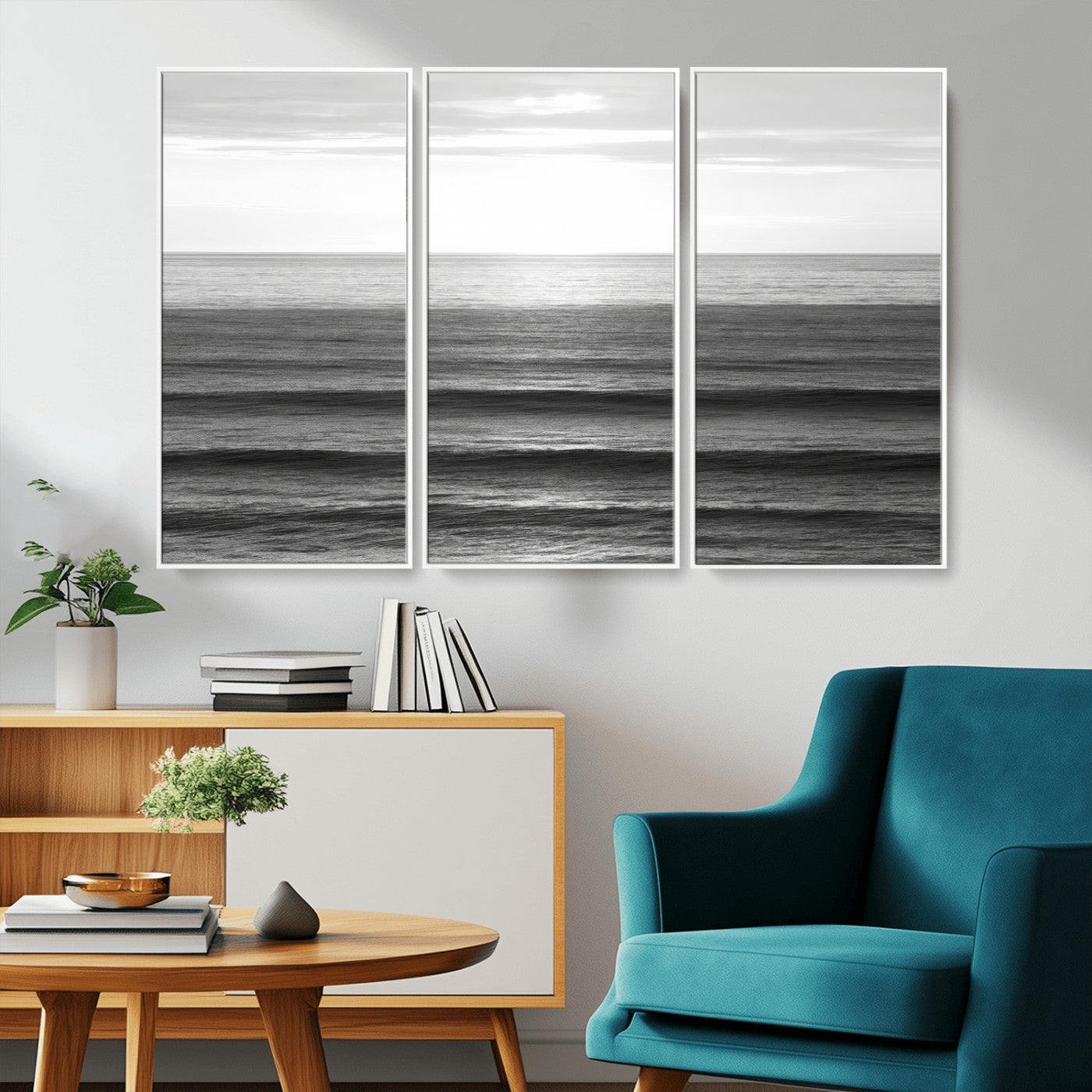 Minimalist black and white ocean view with layered waves reflecting sunlight, evoking a sense of calm and coastal serenity.