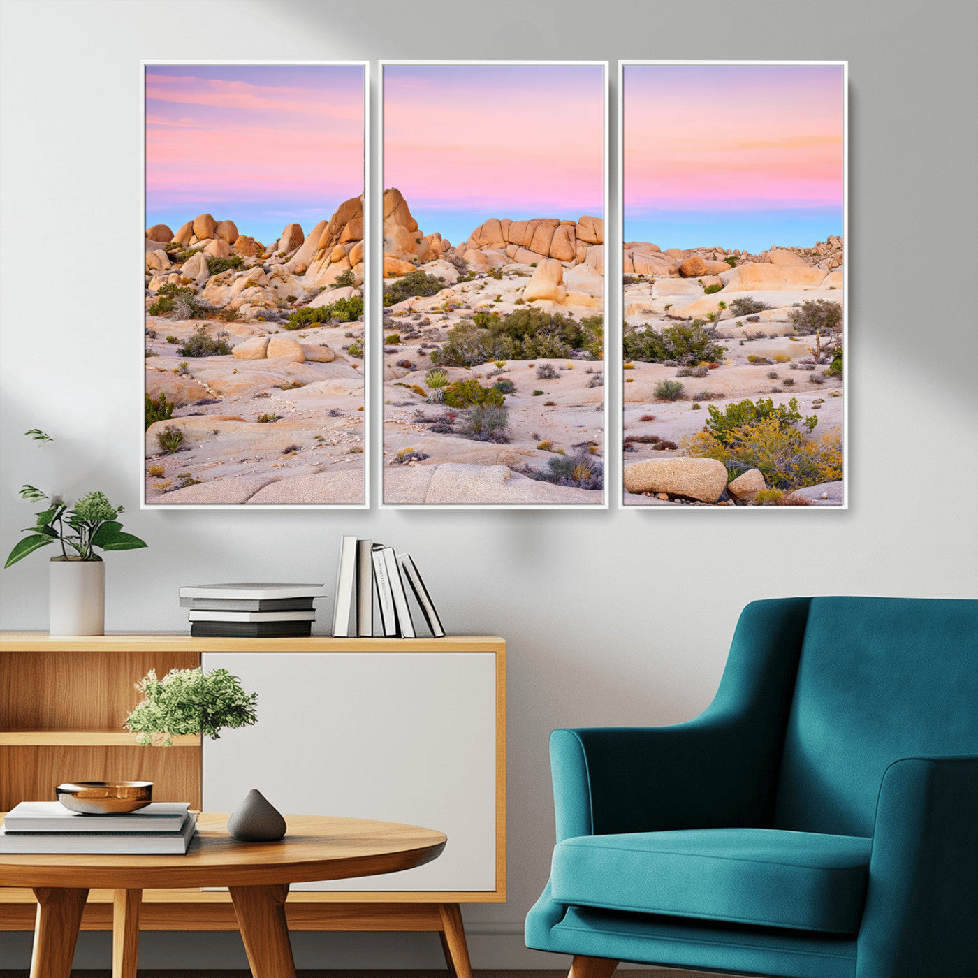 A breathtaking desert landscape featuring rugged rock formations under a vibrant pastel sunset sky, capturing the warmth and serenity of a Southwestern wilderness.