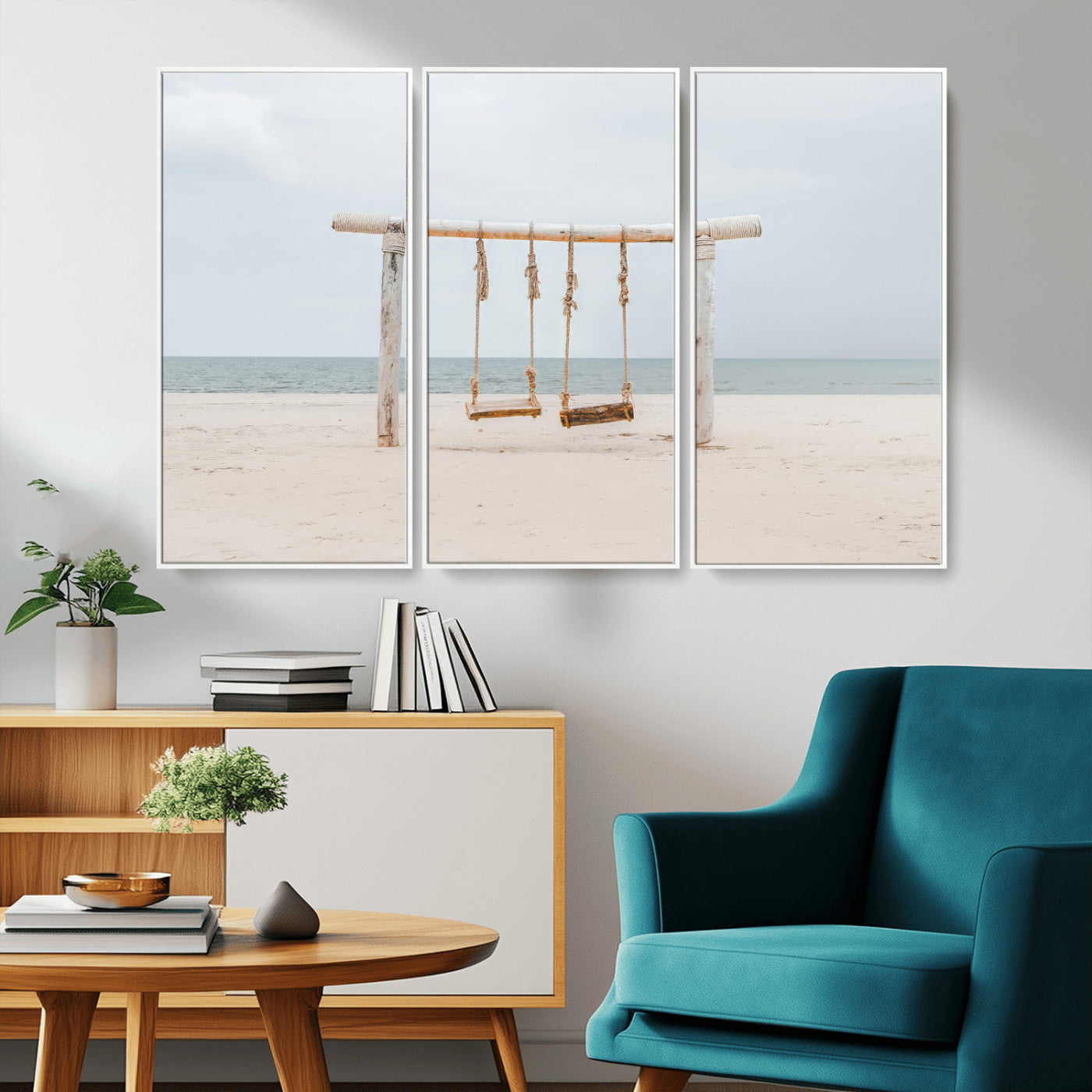 A rustic wooden beach swing stands on a serene sandy shore with an ocean horizon in the background, creating a tranquil and dreamy coastal escape.