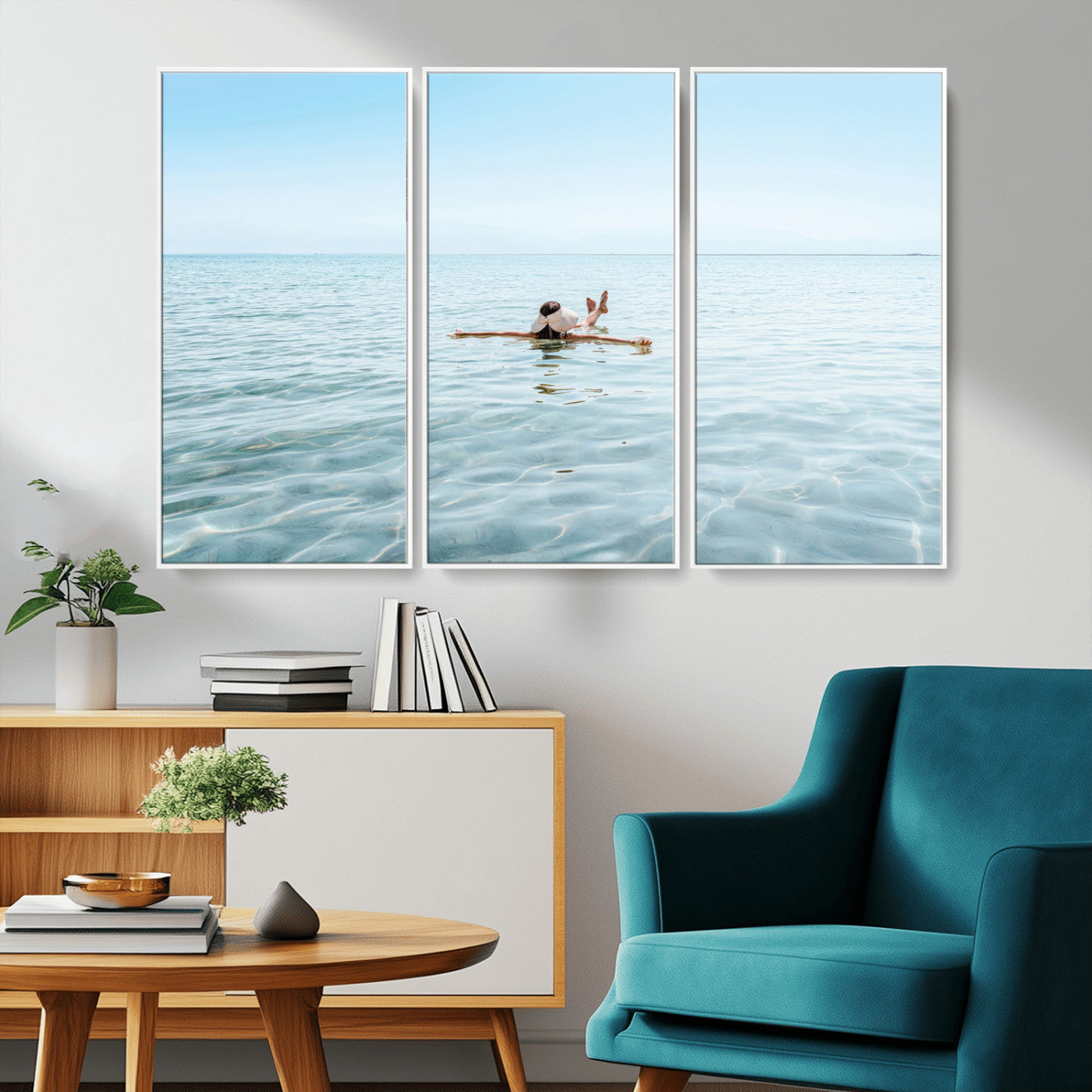 A peaceful minimalist scene of a person floating on crystal-clear water, surrounded by a vast open horizon, capturing relaxation and serenity in a tranquil aquatic setting.