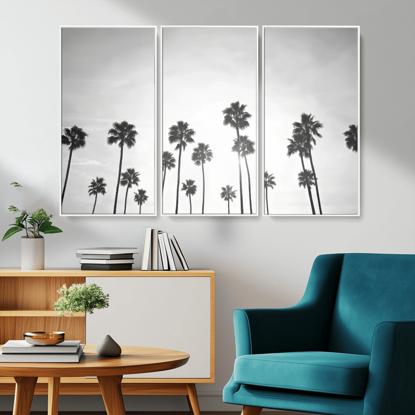 A black and white minimalist scene featuring tall palm trees silhouetted against a bright sky, creating a dreamy and timeless tropical aesthetic.