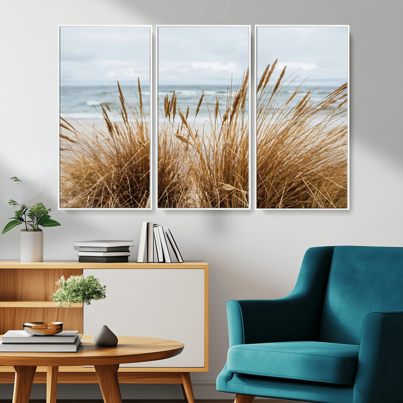 Canvas of golden beach grass swaying by the ocean under a soft cloudy sky, perfect for neutral-toned or coastal minimalist decor.