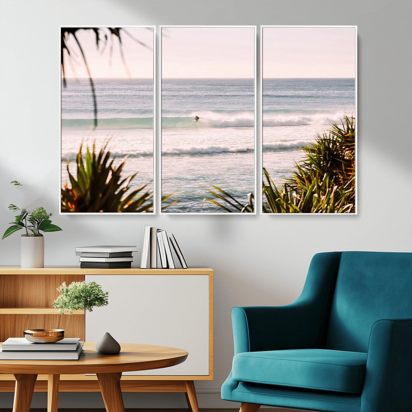 Canvas of a lone surfer riding a pastel wave at sunrise, perfect for tropical or coastal-themed spaces with a relaxed, airy vibe.