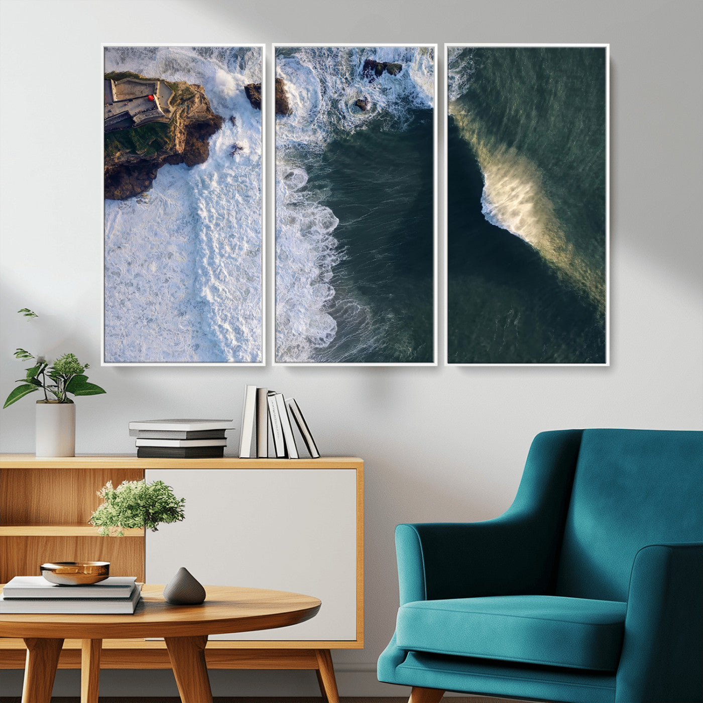 Canvas showing an aerial view of crashing waves along the Nazaré coastline, perfect for dramatic coastal or ocean-themed home decor.