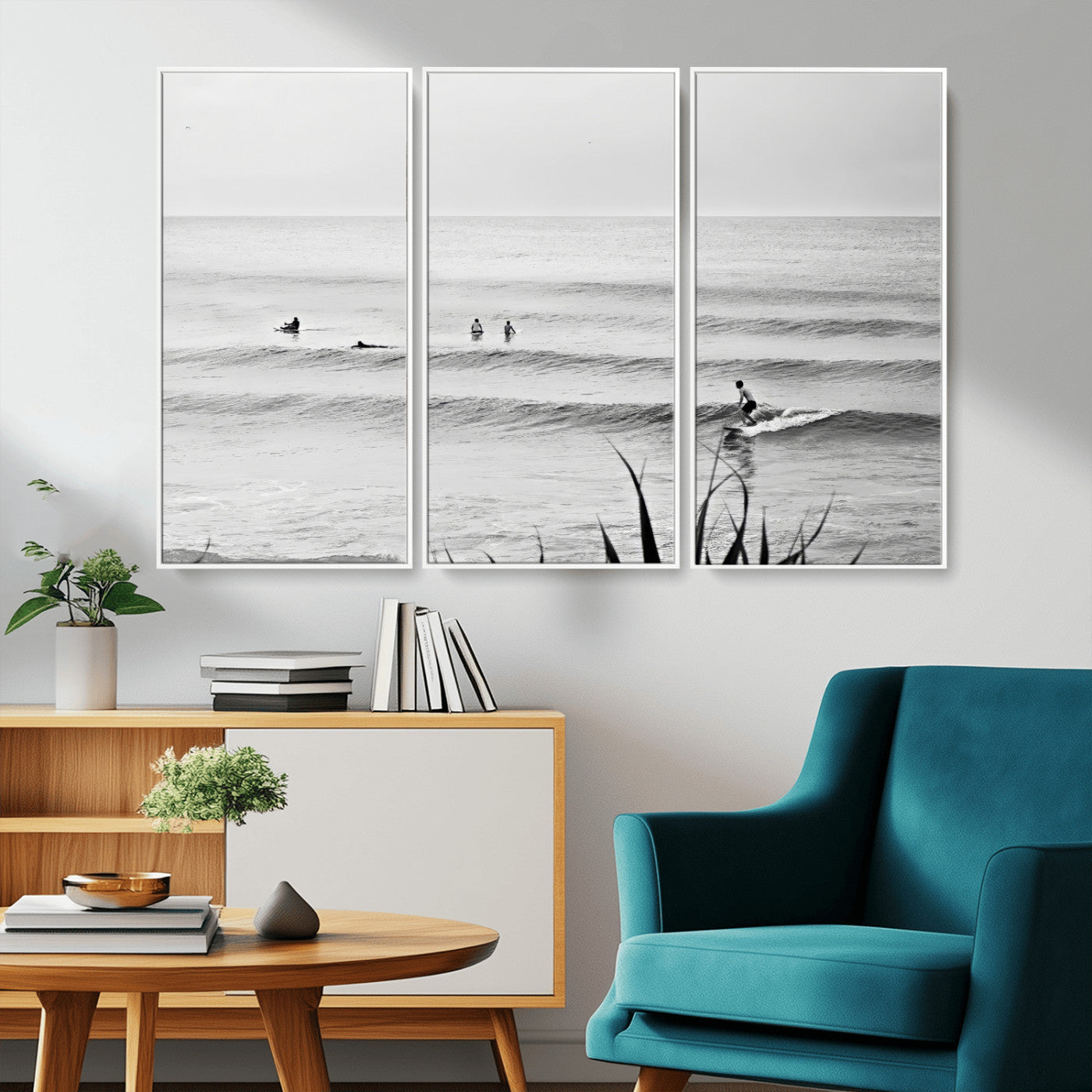 Monochrome canvas of surfers on calm ocean waves, ideal for minimalist coastal or beach-inspired interior decor.