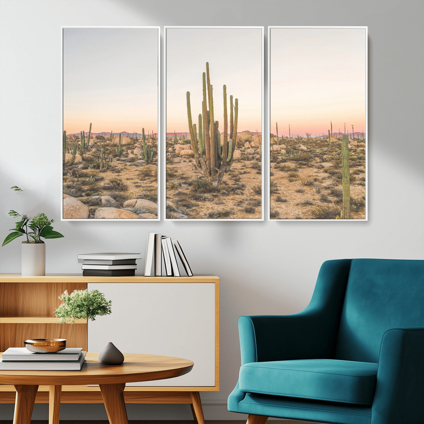 Canvas of tall desert cacti in warm sunset tones over a rocky Baja landscape, ideal for earthy or Southwestern-style home decor.