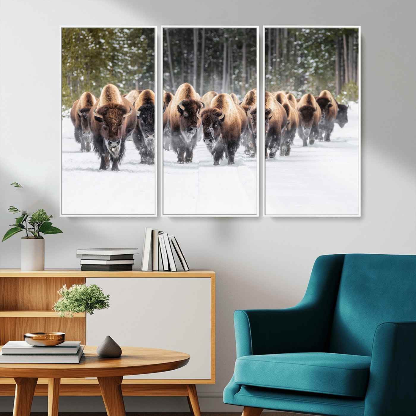 A herd of American bisons walking through a snowy forest path, perfect for rustic cabin or Western-themed wall decor.