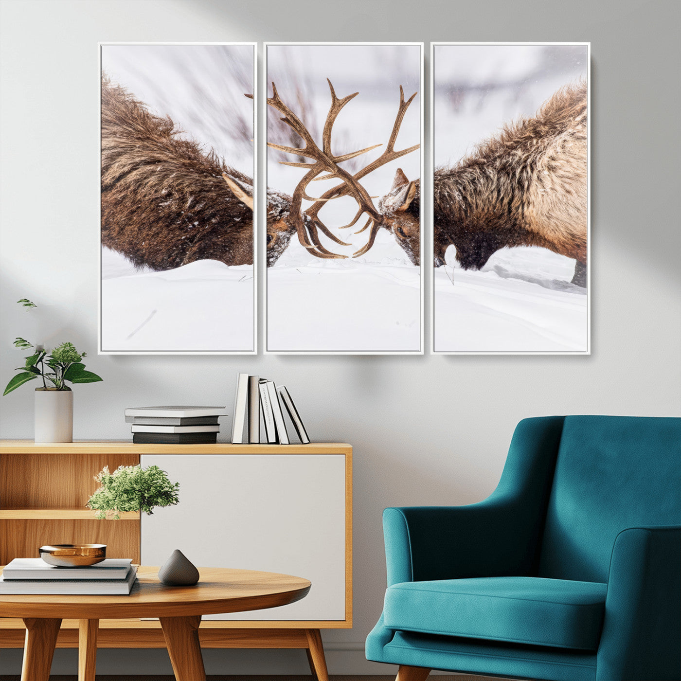 Two elk clashing antlers in a snowy forest, capturing raw power and wild energy, ideal for rustic cabin or lodge-style decor.