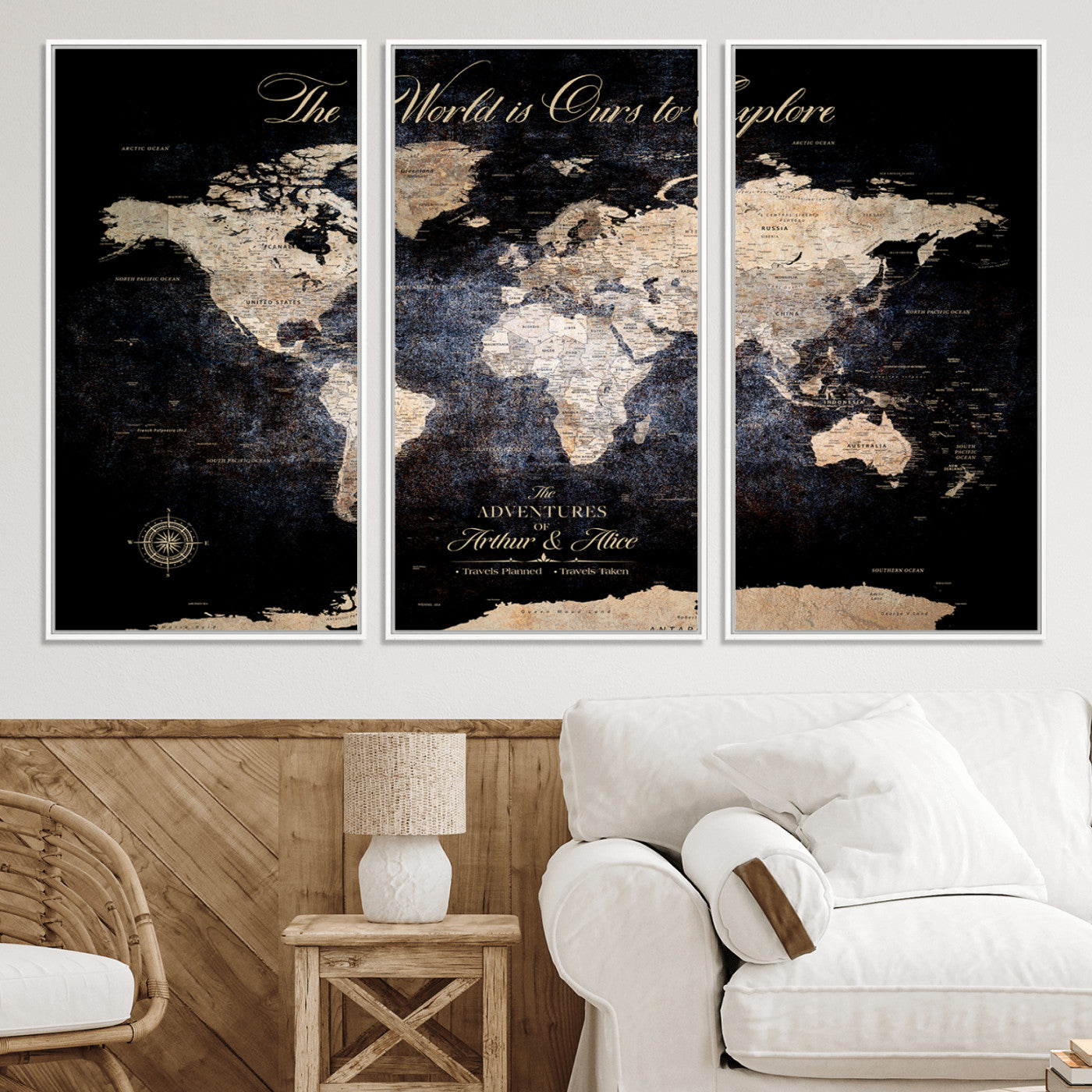 '-Customize Push Pin World Map Wall Canvas Print, Personalized Travel Tracker with Pins, Framed Large Canvas for Home Office Decor - H37