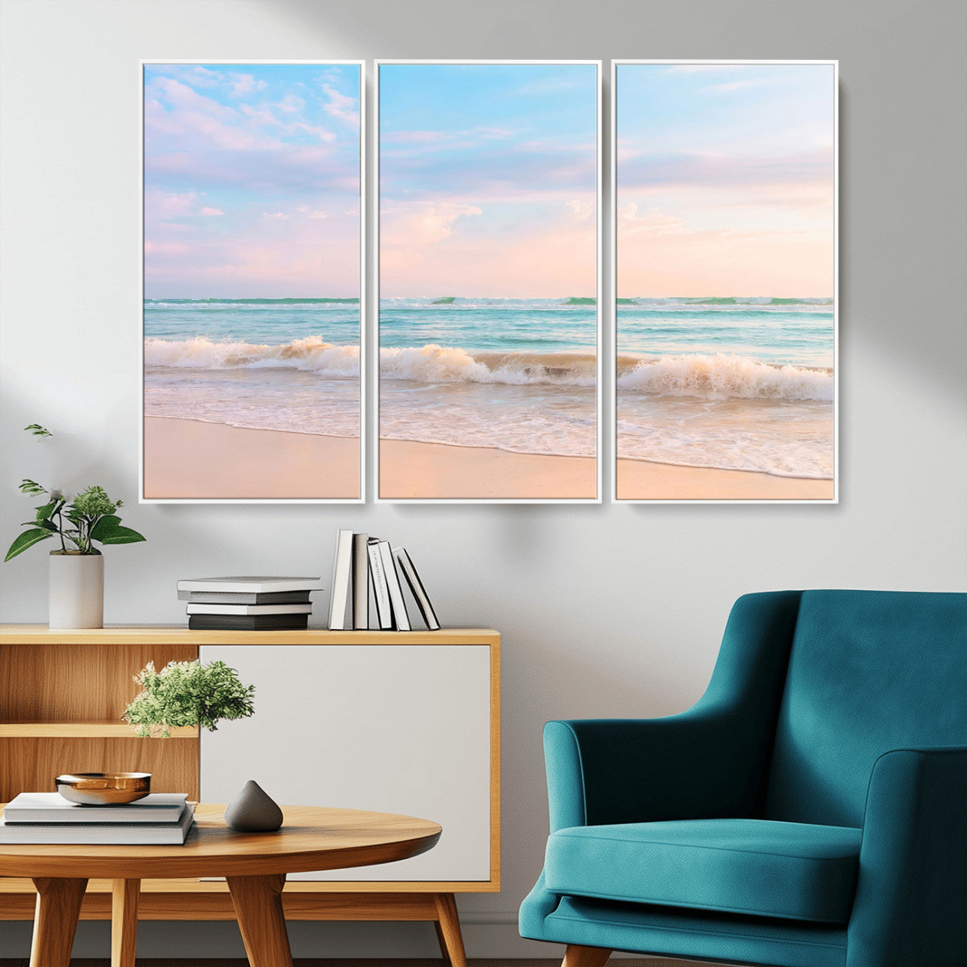 A peaceful beach scene with soft pastel skies, gentle waves washing up on the sandy shore, creating a calm and serene ocean view.