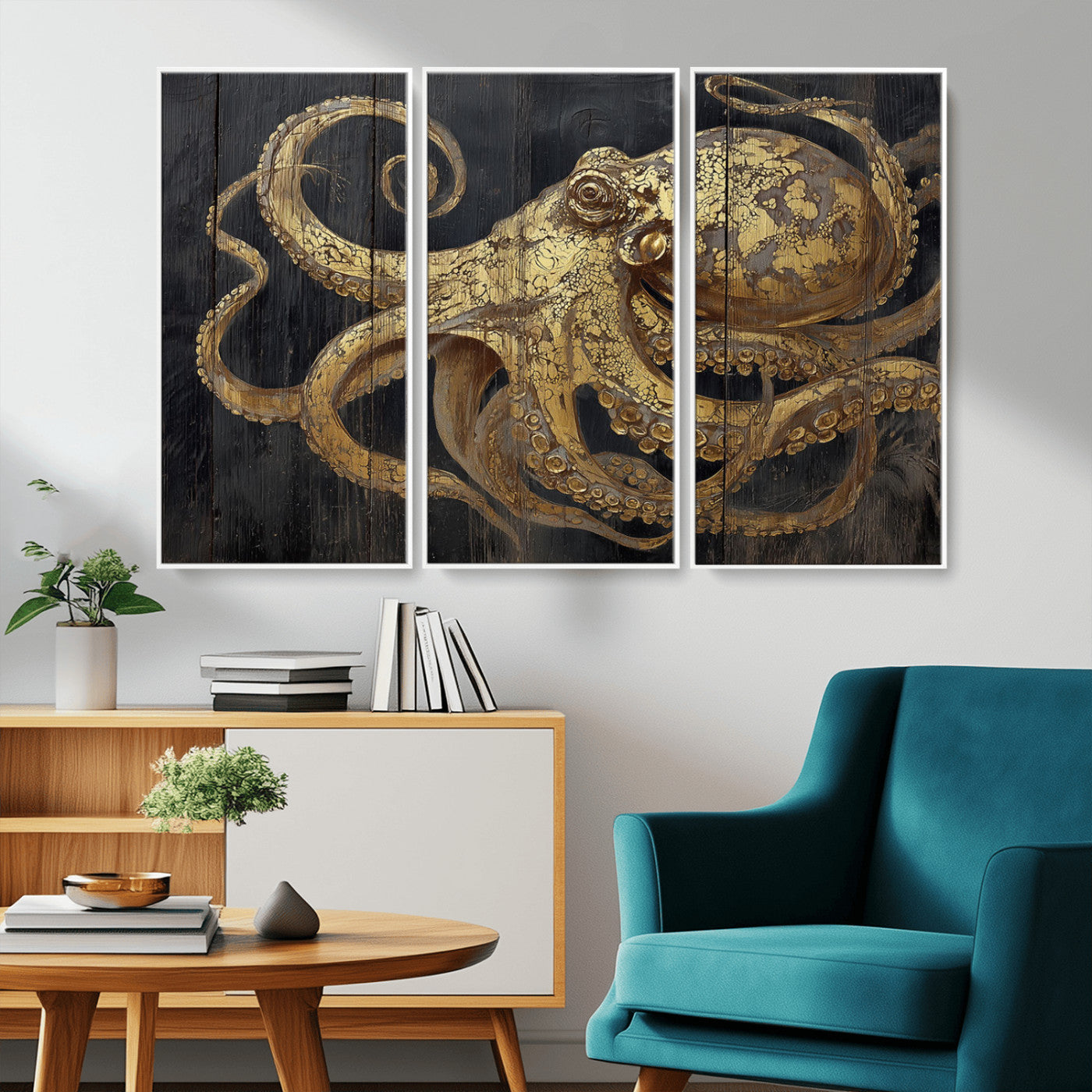 A detailed gold illustration of an octopus on black wooden planks, showing its intricate tentacles and textured skin in an artistic style.