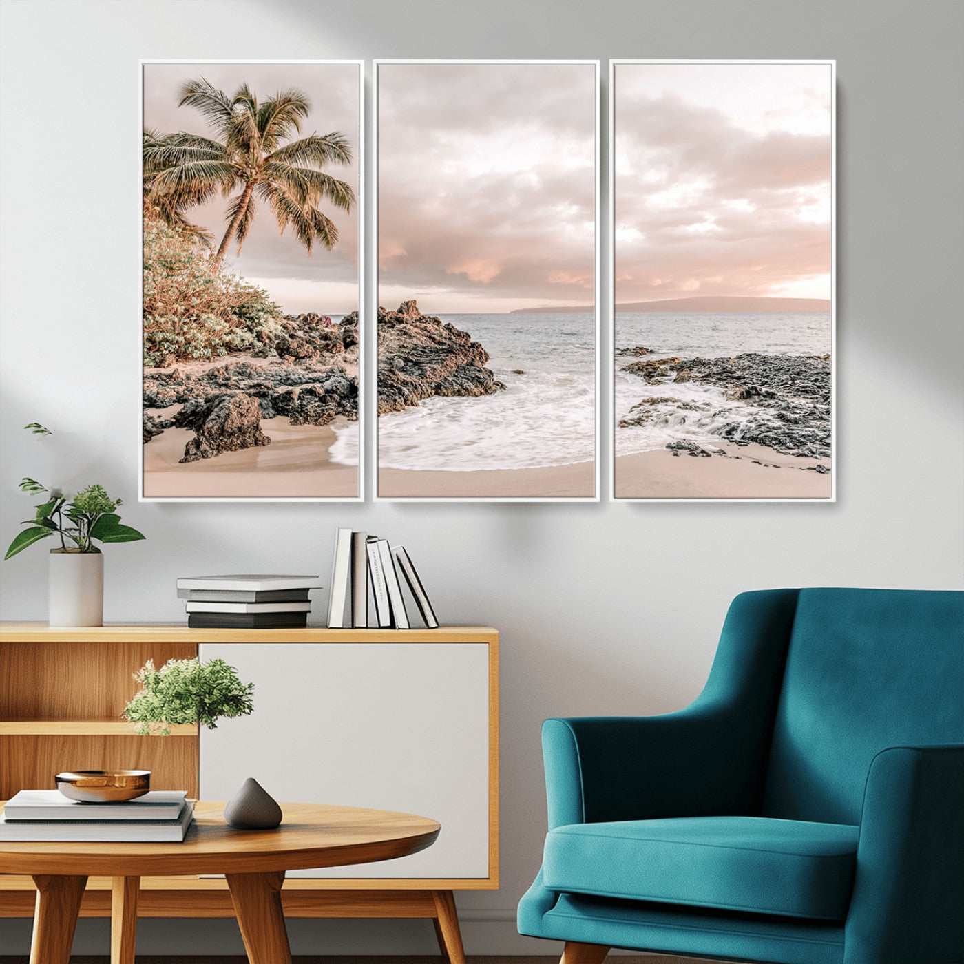 A peaceful beach scene with a palm tree and rocks, soft waves washing onto the shore under a soft pastel sky at sunset.