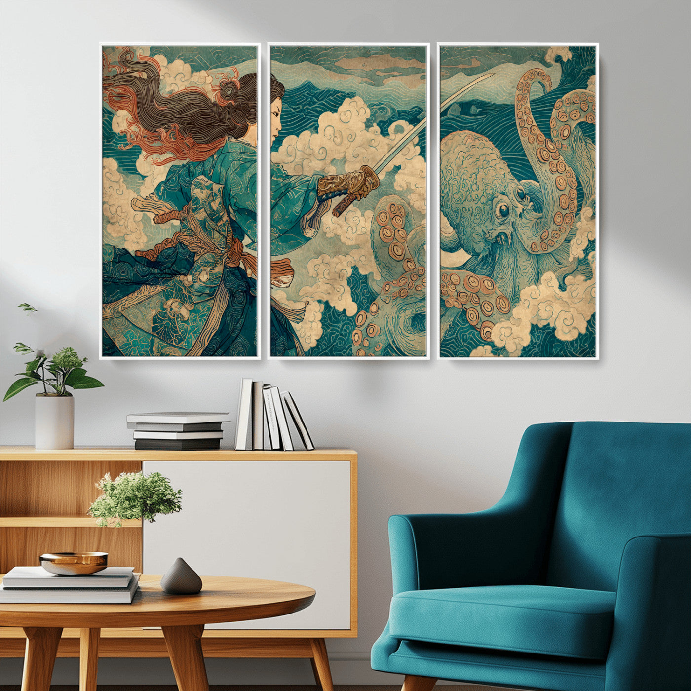 Tsukioka Yoshitoshi Samurai Wall Art Print, Japanese Katana Warrior Canvas Wall Art, Octopus Sea Monster Canvas Print,