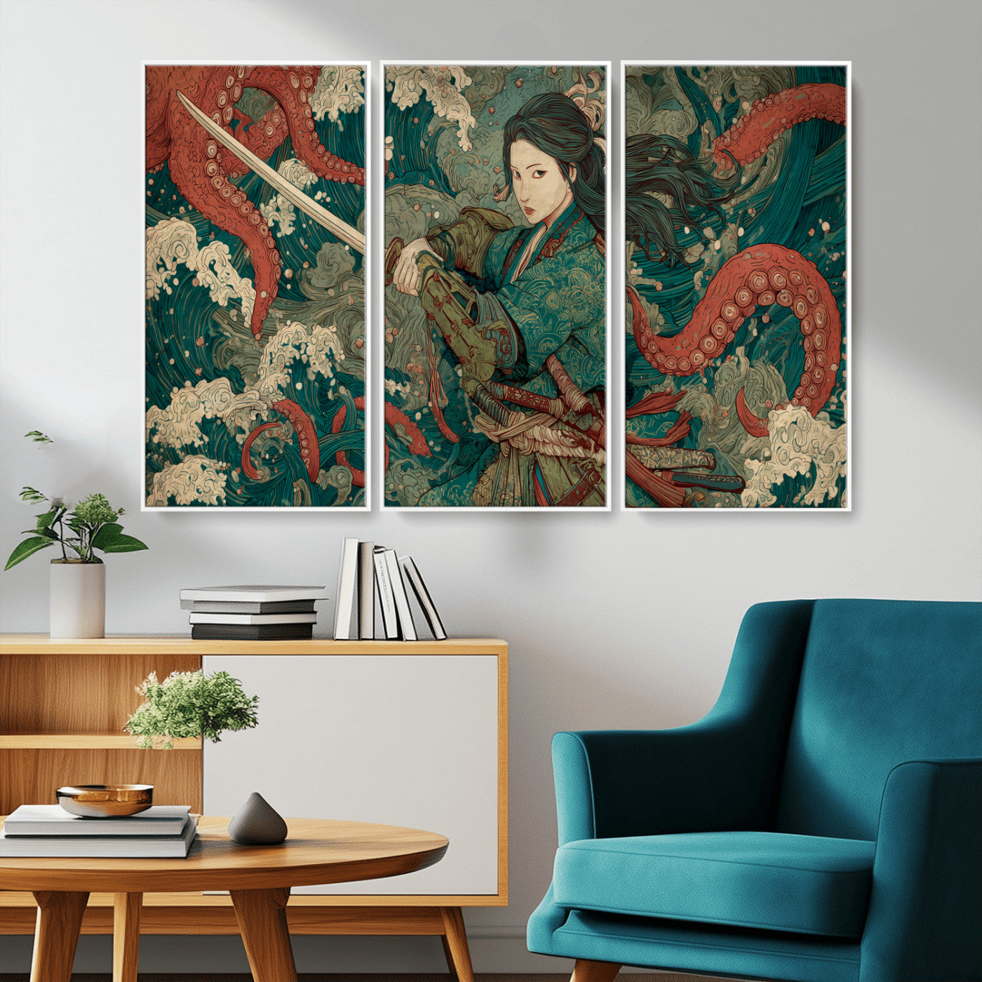 Tsukioka Yoshitoshi Samurai Wall Art Print, Japanese Katana Warrior Canvas Wall Art, Octopus Sea Monster Canvas Print,