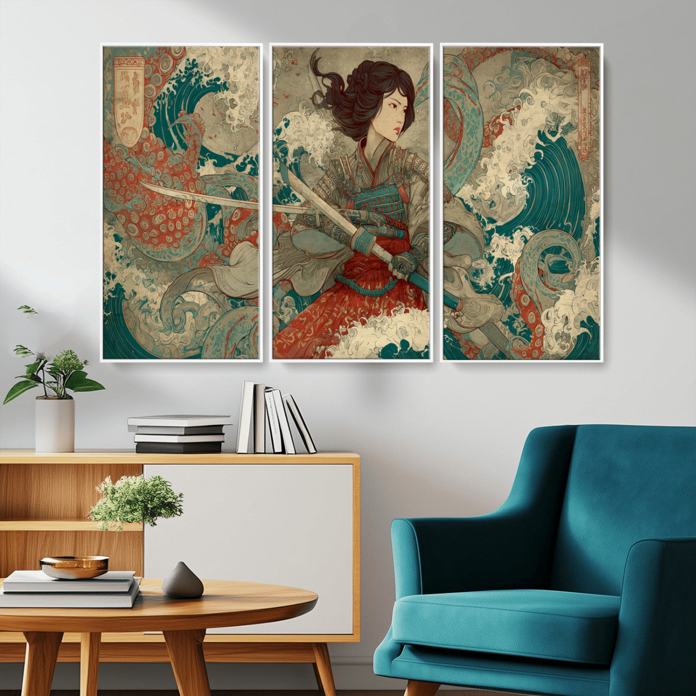 Tsukioka Yoshitoshi Samurai Wall Art Print, Japanese Katana Warrior Canvas Wall Art, Octopus Sea Monster Canvas Print,