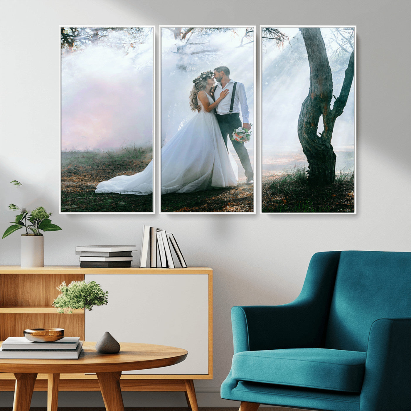 MGV-FC-48X32-3P - Forest Wedding Wall Art – Romantic Bride and Groom Canvas Print, Enchanted Woodland Photography Decor for Bedroom, Living Room, or Wedding Gift