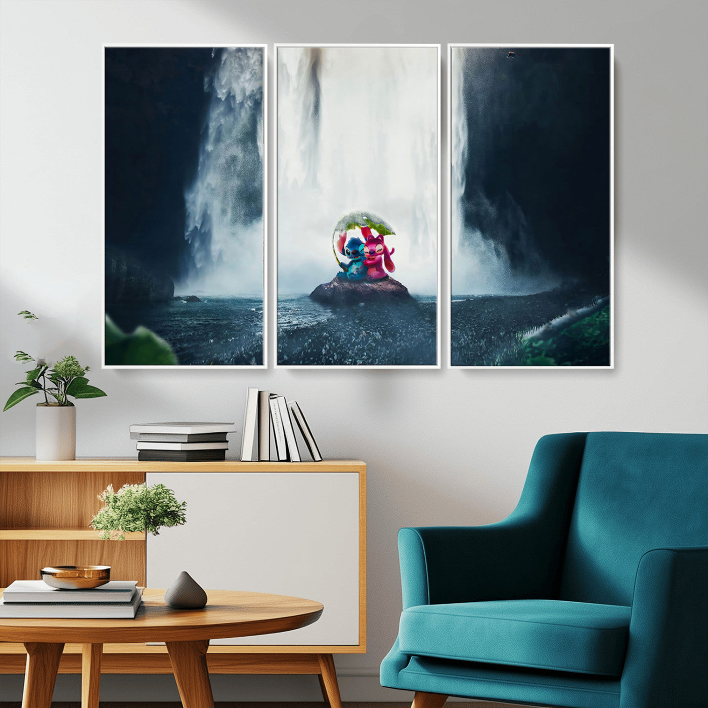 Fantasy canvas of Stitch and Angel under a leaf umbrella in front of a dramatic waterfall, perfect for moody jungle-themed or animated decor.