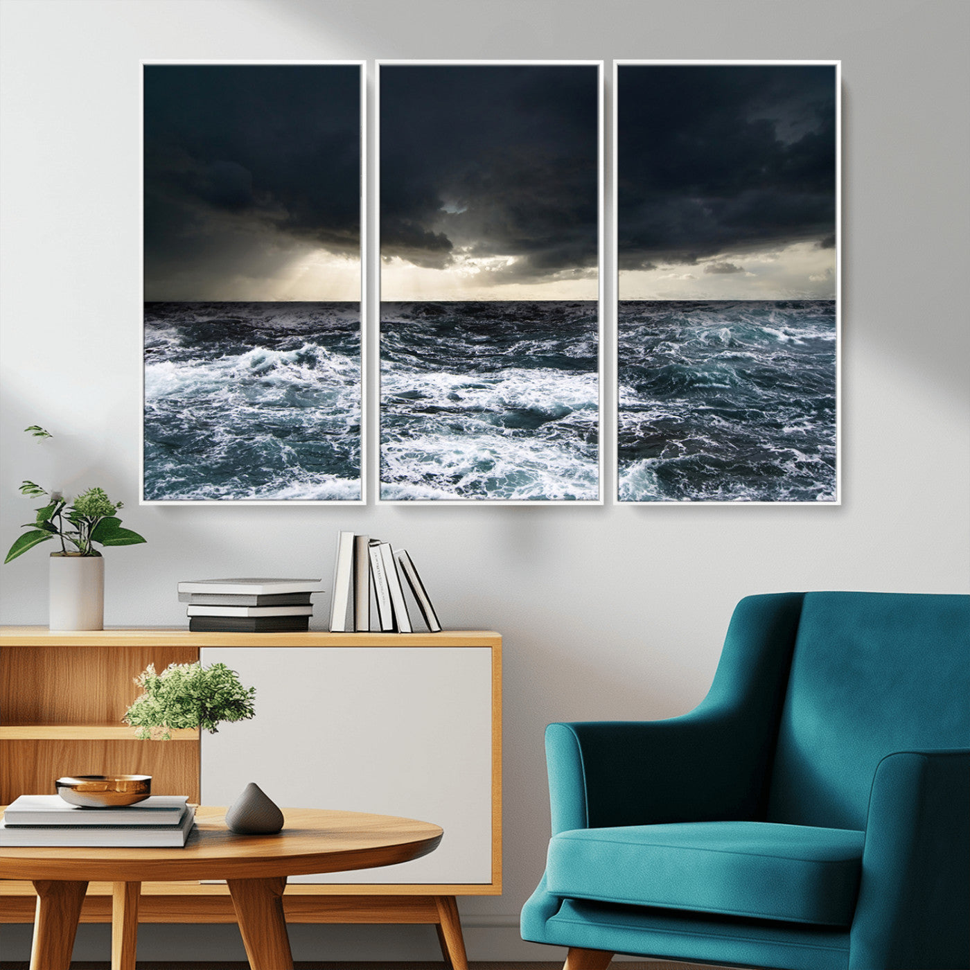Moody ocean scene with stormy skies and crashing waves, perfect for dramatic or coastal-style home wall decor.