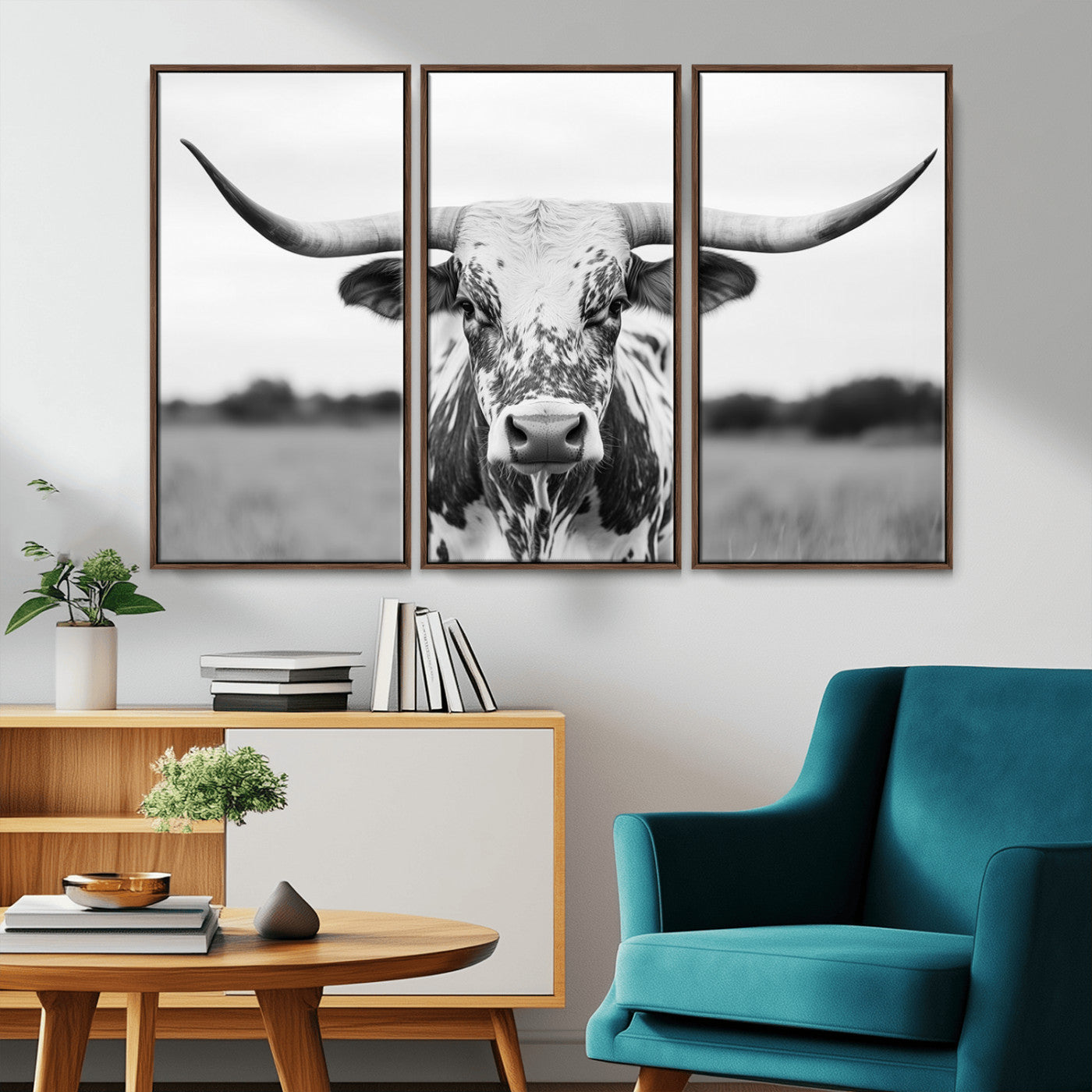 Capture the strength and elegance of nature with this striking black and white portrait of a longhorn cow. Its powerful presence makes a bold statement in any room.