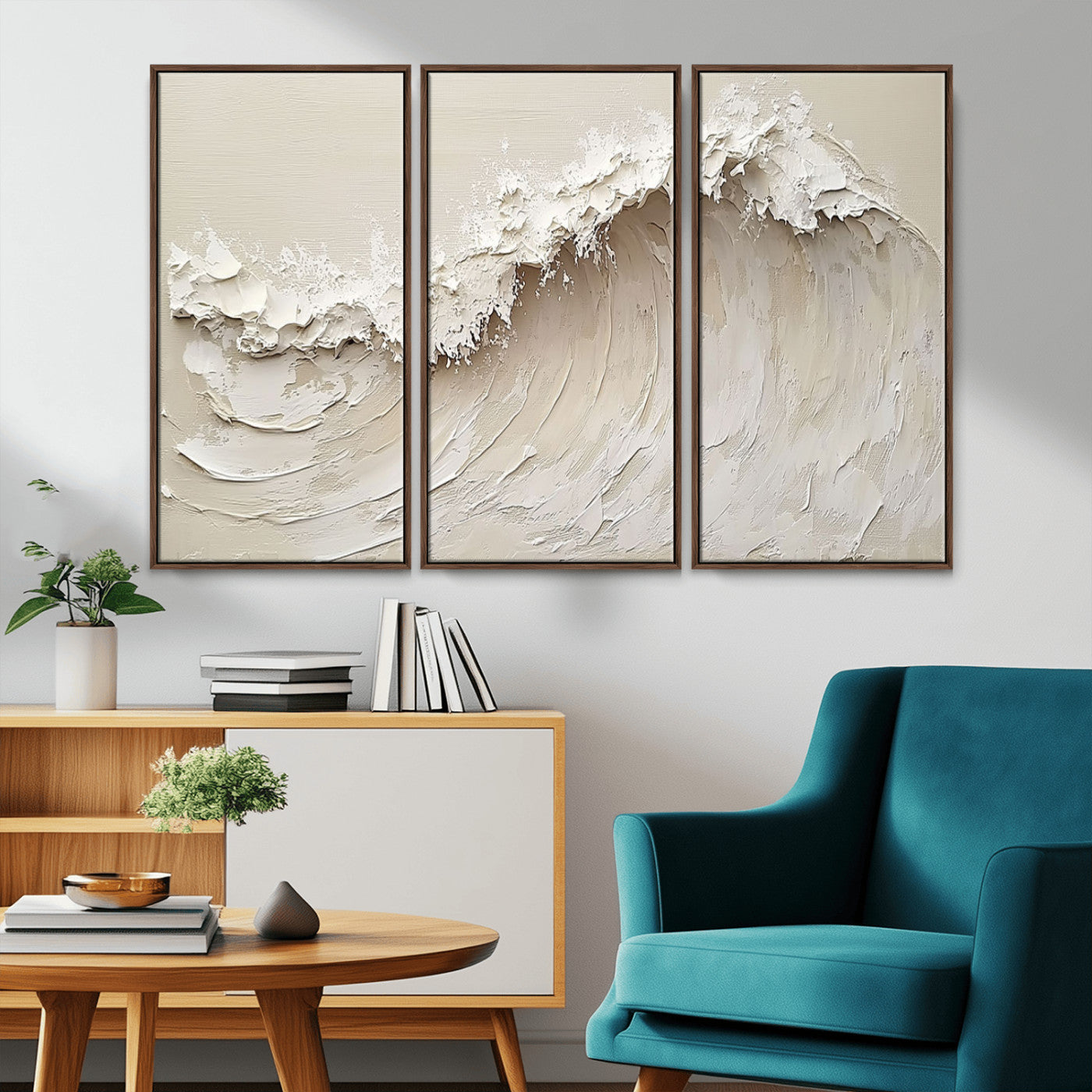 Textured canvas of an abstract white ocean wave in neutral tones, ideal for modern coastal or minimalist home decor.