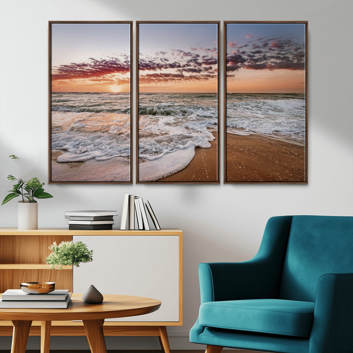 Canvas of a sunset over a foamy ocean shore with warm light and gentle waves, ideal for coastal or beach-themed home decor.