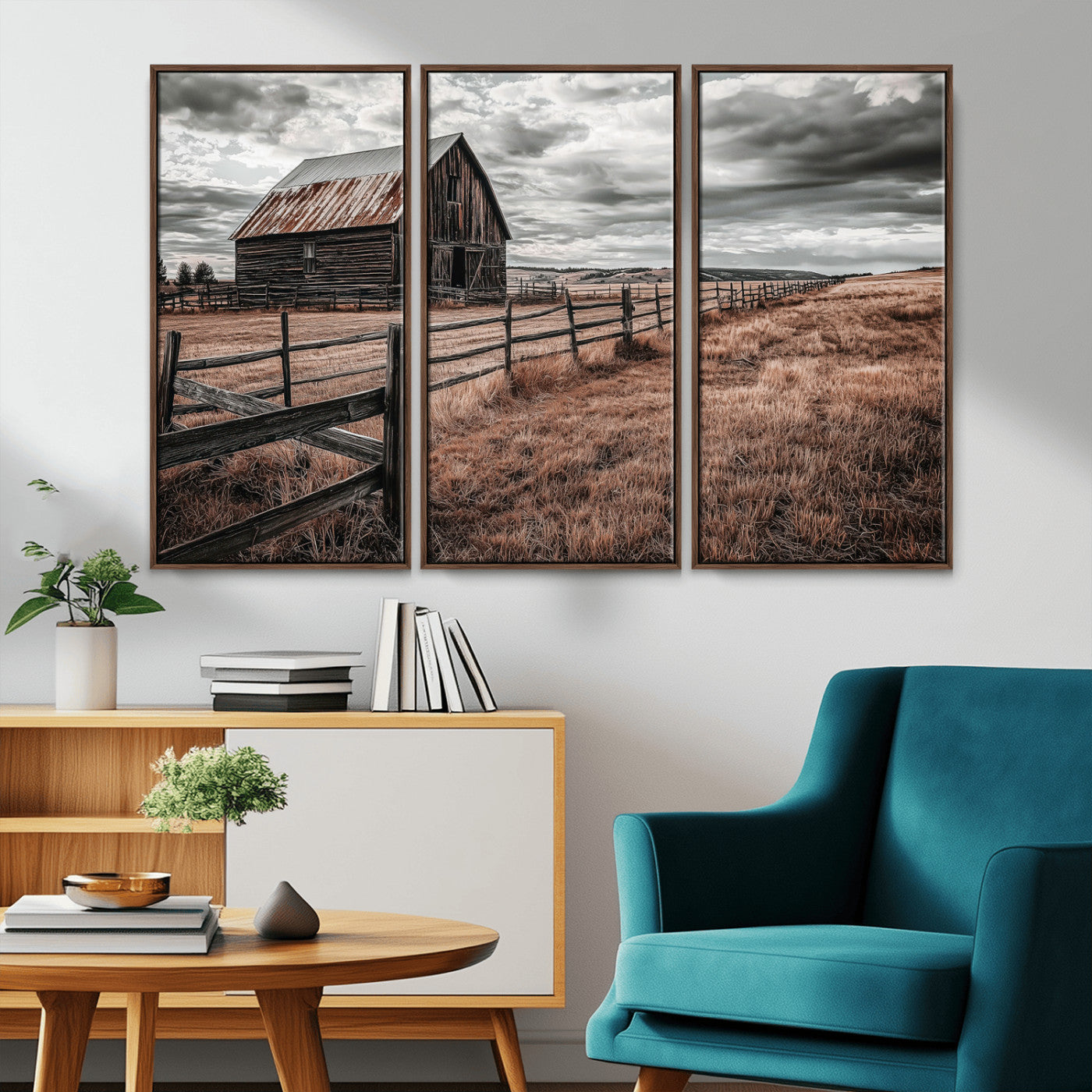 Framed canvas of a rustic barn under a moody sky with weathered fence and dark fields, ideal for farmhouse or rural-style wall decor.