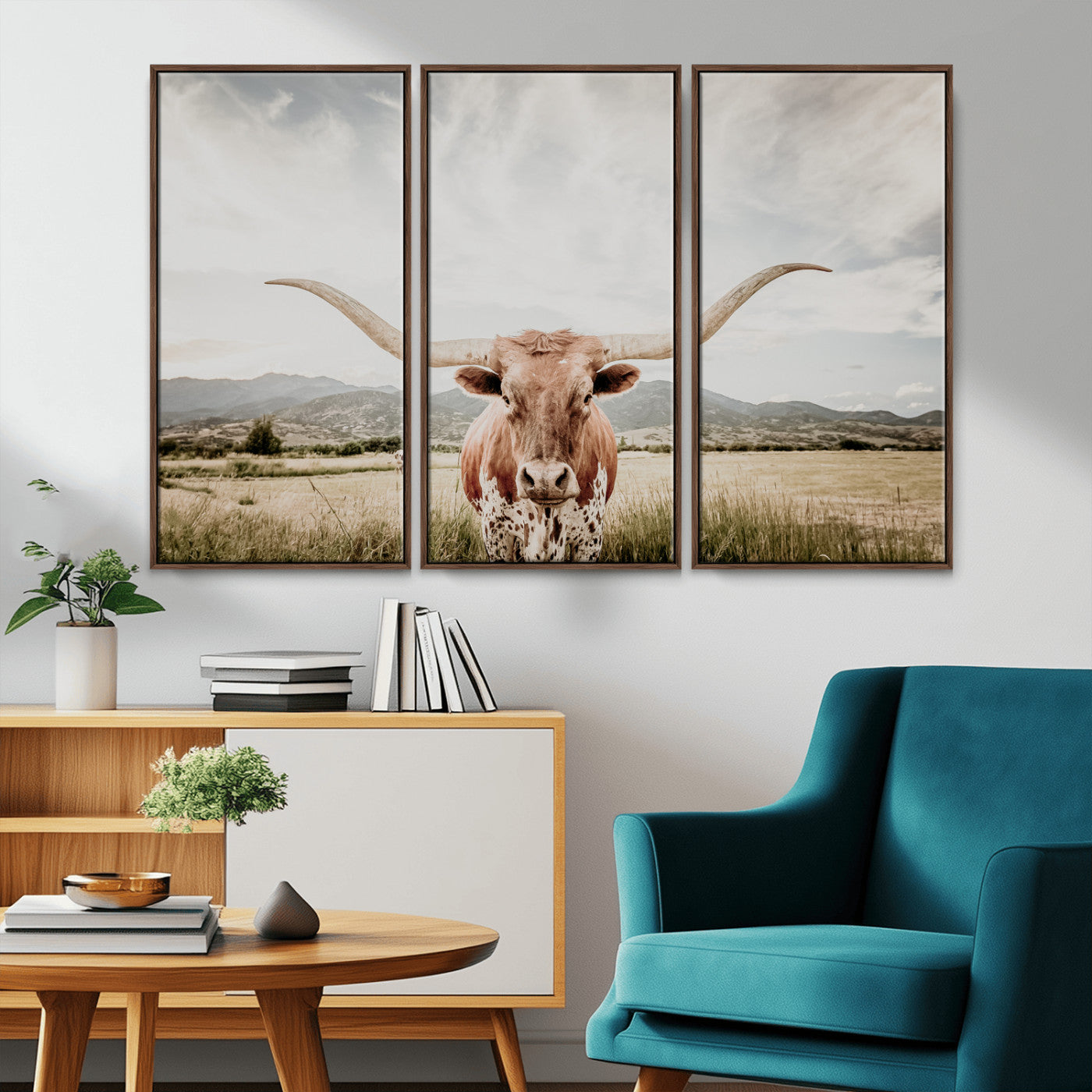Longhorn Wall Art Print - Western Cow Canvas Print, featuring a majestic Texas longhorn in a rustic prairie setting, perfect for farmhouse and western decor.