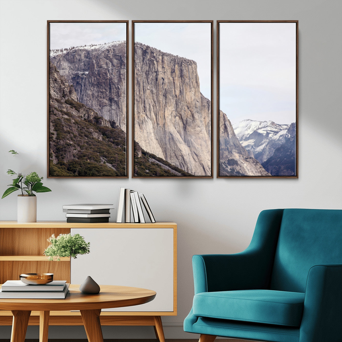 Framed canvas of El Capitan’s vertical granite face in Yosemite with snowy peaks, ideal for Sierra minimalism or mountain-inspired decor.