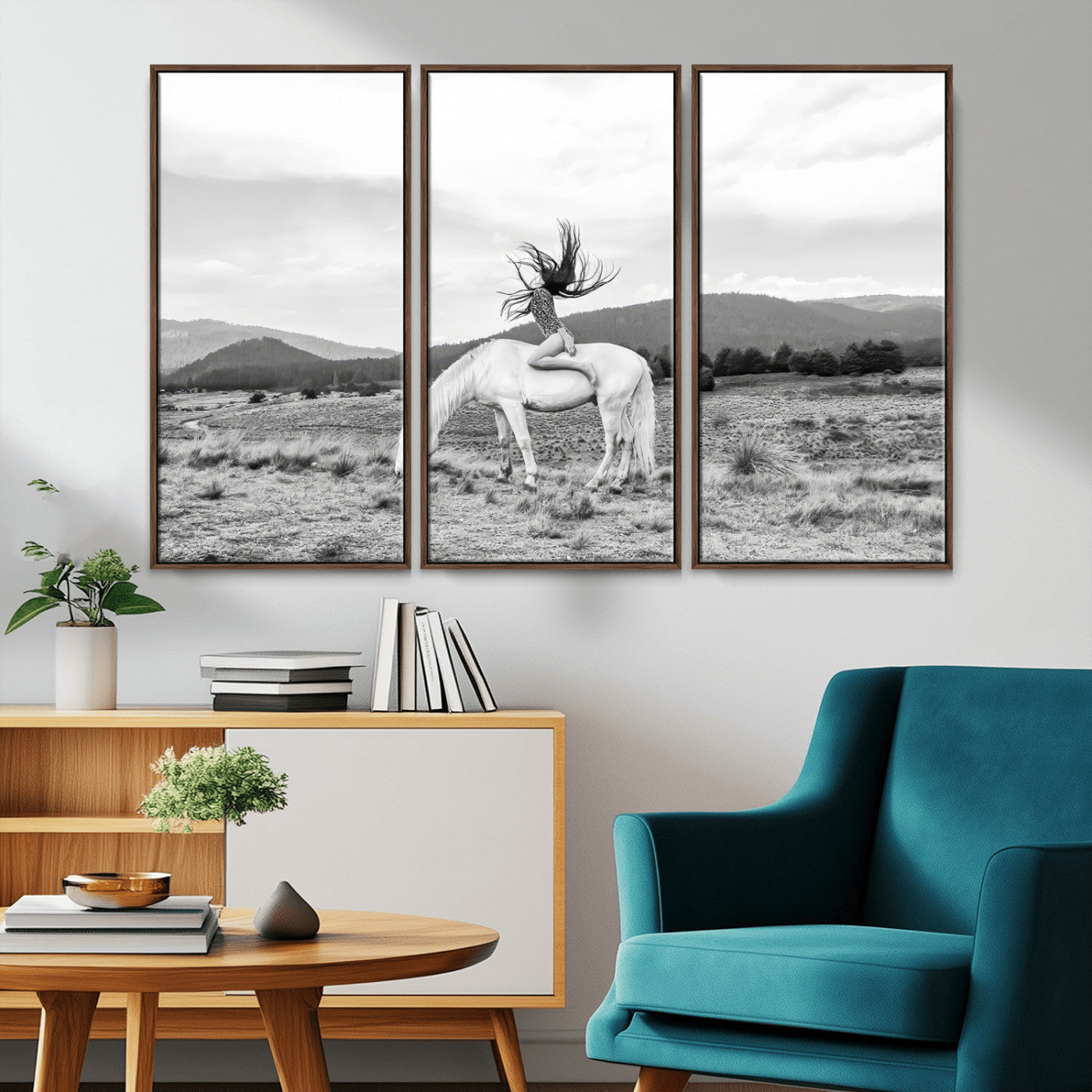 Black and white photo of a woman on a white horse in moody tones, ideal for Western Boho or modern rustic-style home decor.