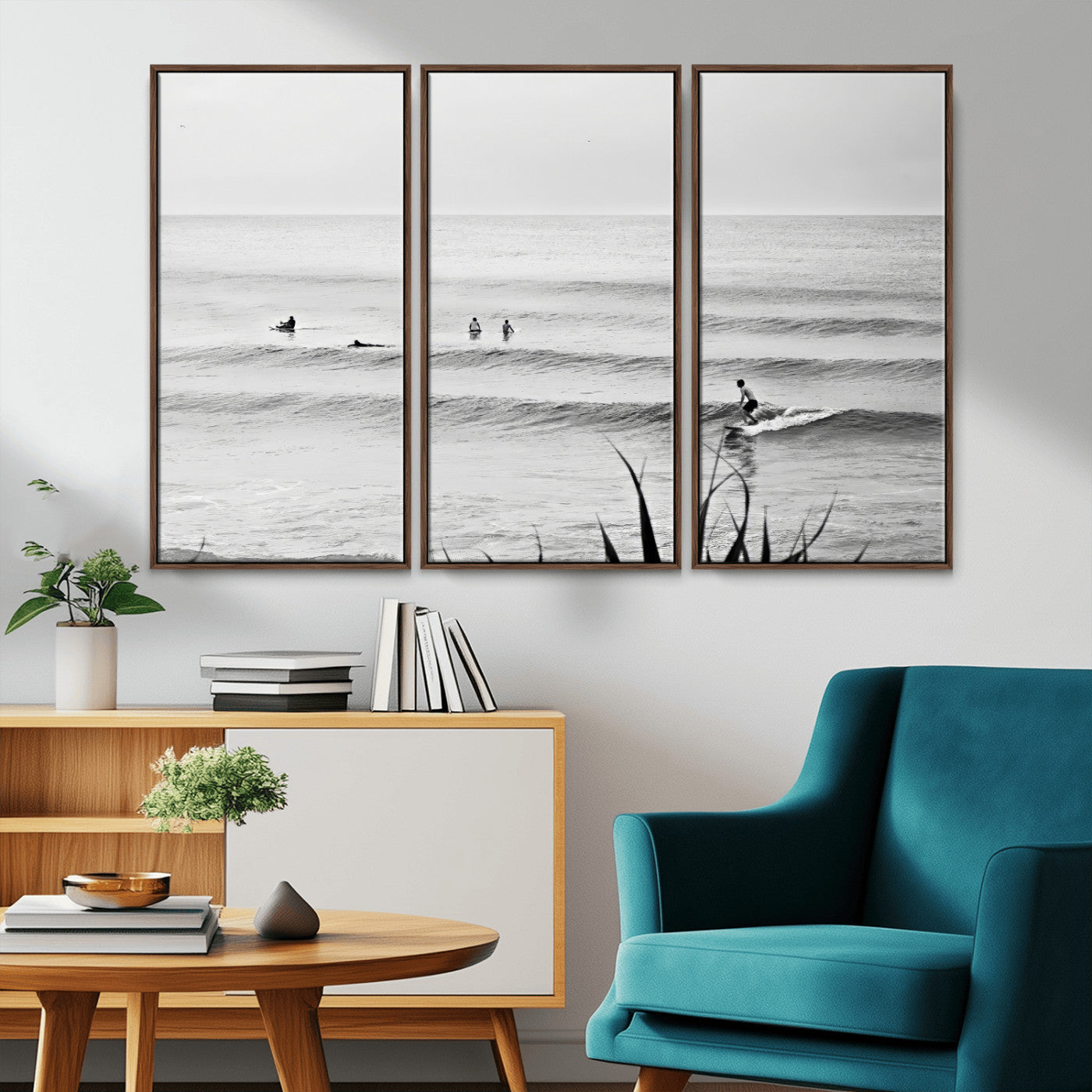 Monochrome canvas of surfers on calm ocean waves, ideal for minimalist coastal or beach-inspired interior decor.