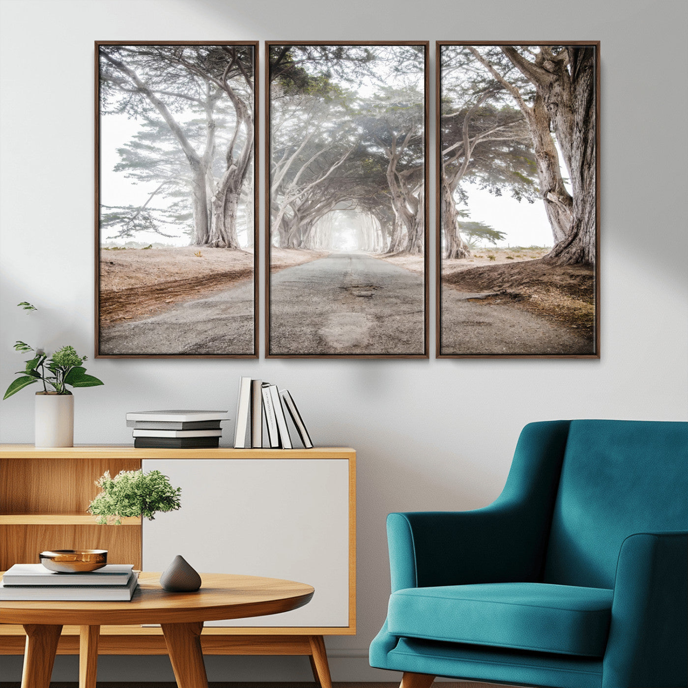 Canvas of a misty tree tunnel with arching cypress trees and an earthy road, ideal for rustic or coastal nature decor.