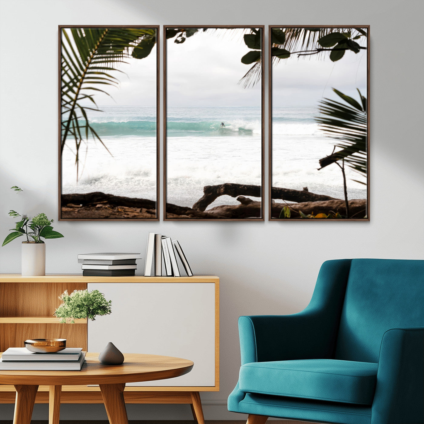 Tropical beach view with palm trees and surfer riding a wave, perfect for boho or coastal-inspired interior wall decor.