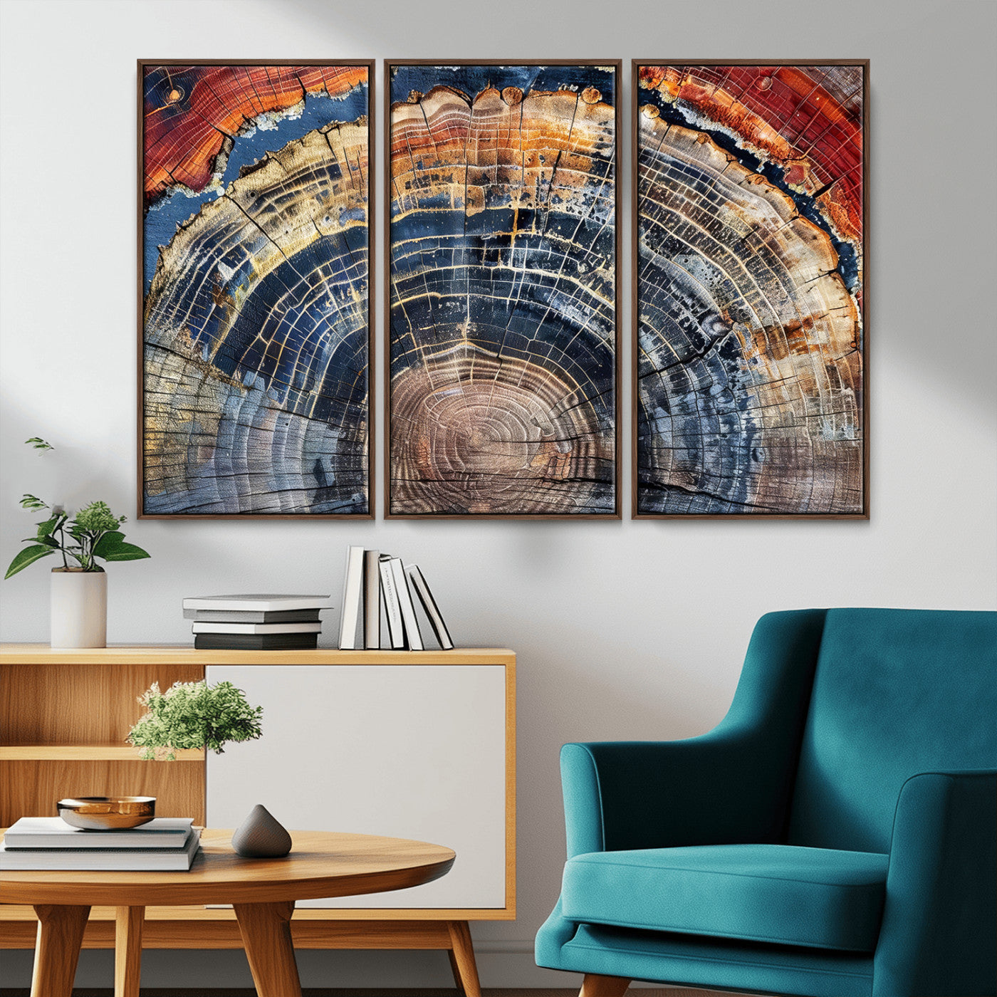 Vibrant tree ring with orange, brown, and blue tones in abstract detail, perfect for rustic or boho-inspired wall decor.