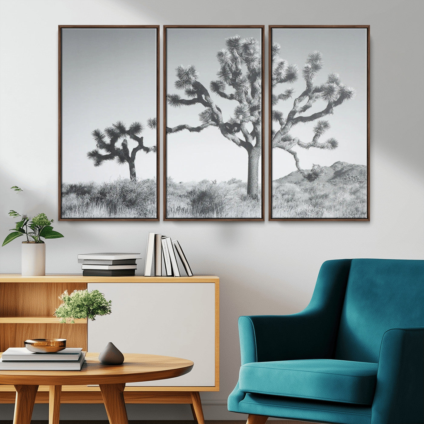 Black and white Joshua tree in a desert landscape with soft light and dry brush, perfect for rustic or minimalist home decor.