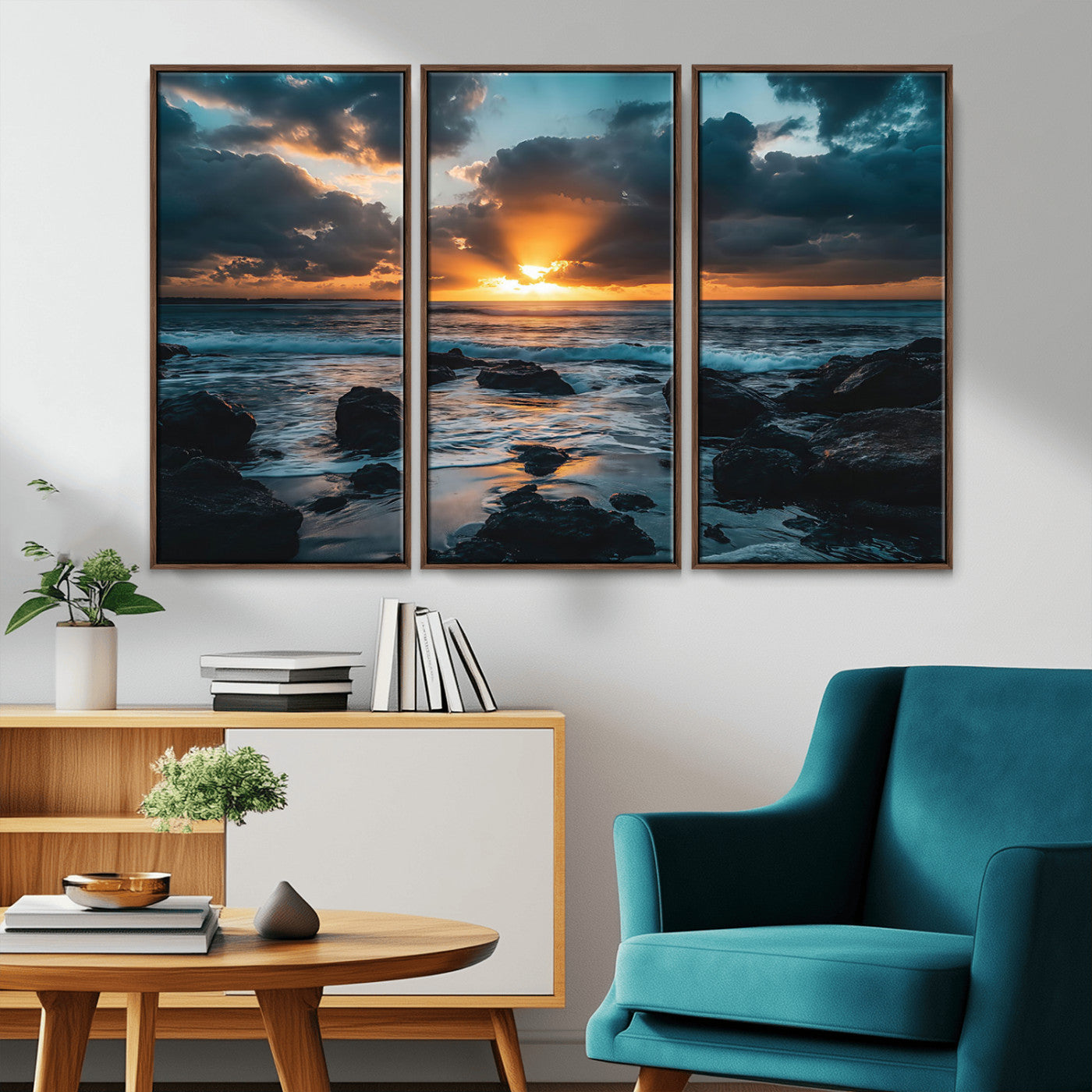 An awe-inspiring sunset over the ocean with rays of light piercing through dramatic clouds, creating a beautiful seascape with rocks in the foreground.