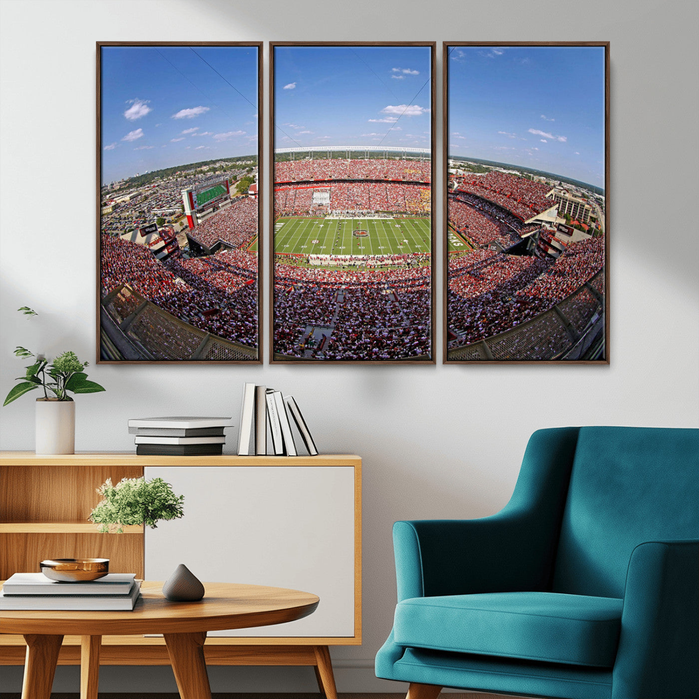 An William Brice-Stadium view of a full football stadium with cheering fans and clear blue skies, capturing the excitement and energy of the game.