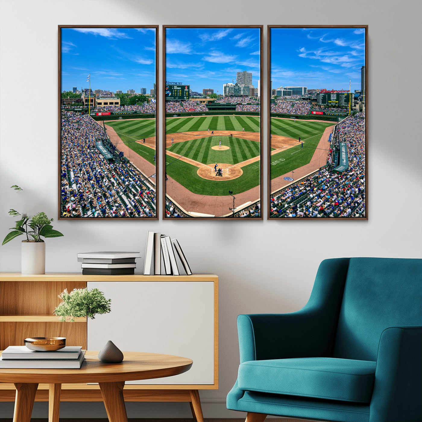 Wrigley Field Baseball Stadium Canvas Wall Art, Packed Crowd Sports Stadium Print, City Skyline Baseball Field Canvas for Game Room Decor