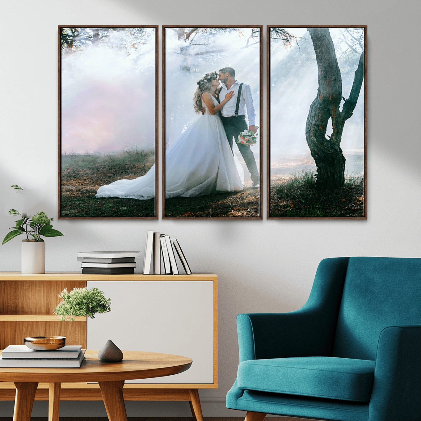 MGV-FC-48X32-3P - Forest Wedding Wall Art – Romantic Bride and Groom Canvas Print, Enchanted Woodland Photography Decor for Bedroom, Living Room, or Wedding Gift
