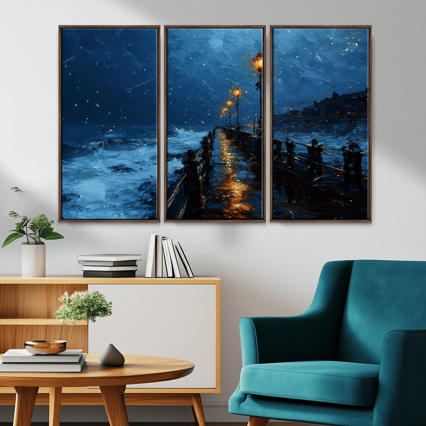 "Impressionistic painting of a rainy pier at night with glowing street lamps reflecting on the wet surface, ocean waves crashing under a dark blue sky."