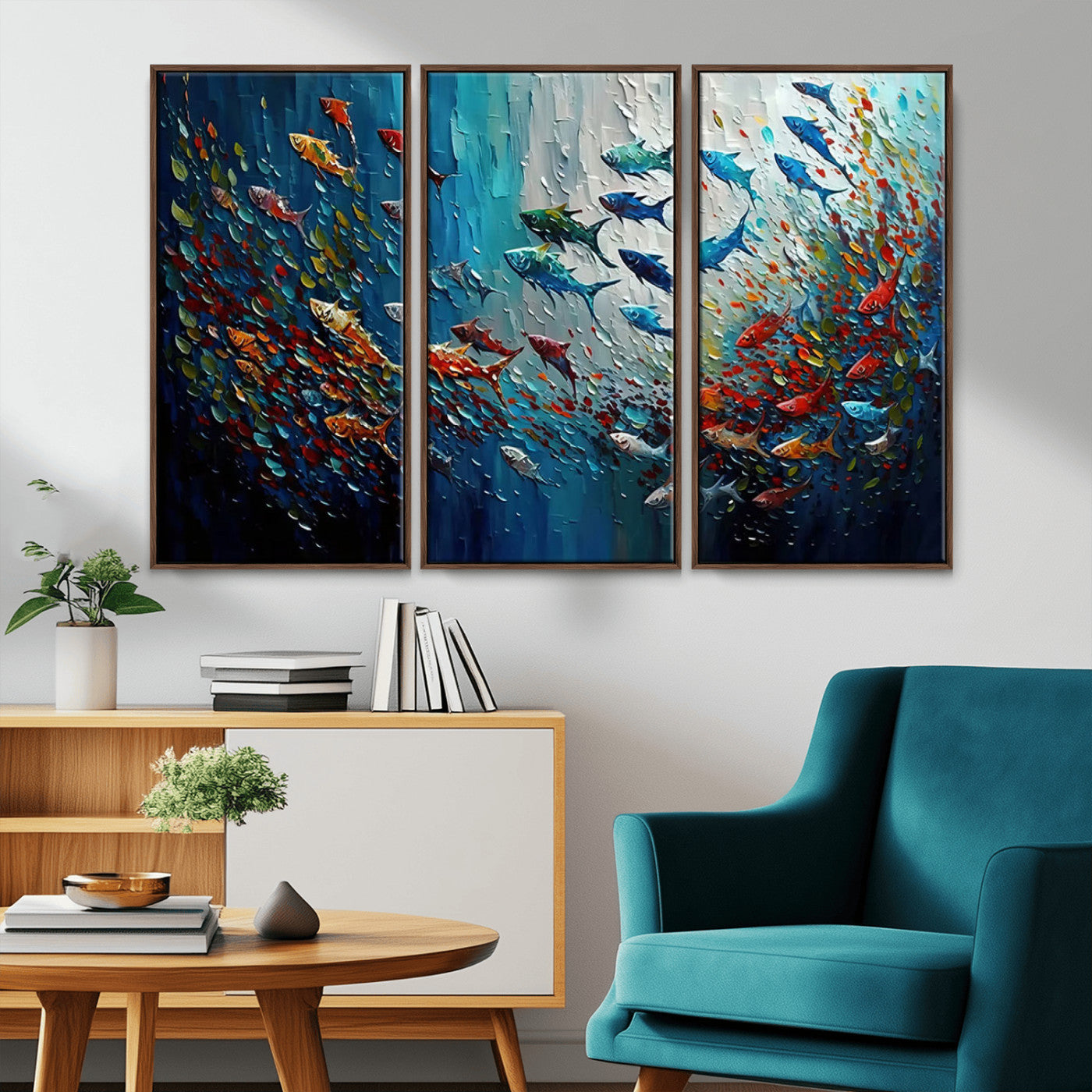 Colorful painting of fish swimming in abstract ocean swirls, perfect for vibrant marine-themed or expressive coastal home decor.