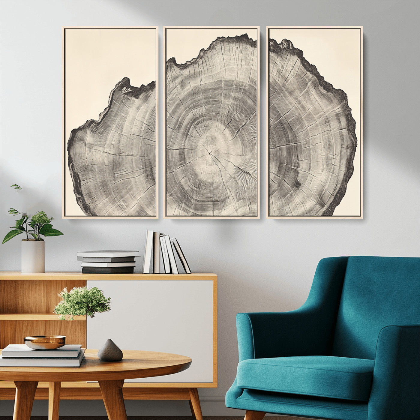 Detailed tree ring drawing in monochrome tones, ideal for rustic or nature-inspired interiors with a minimal decor aesthetic.