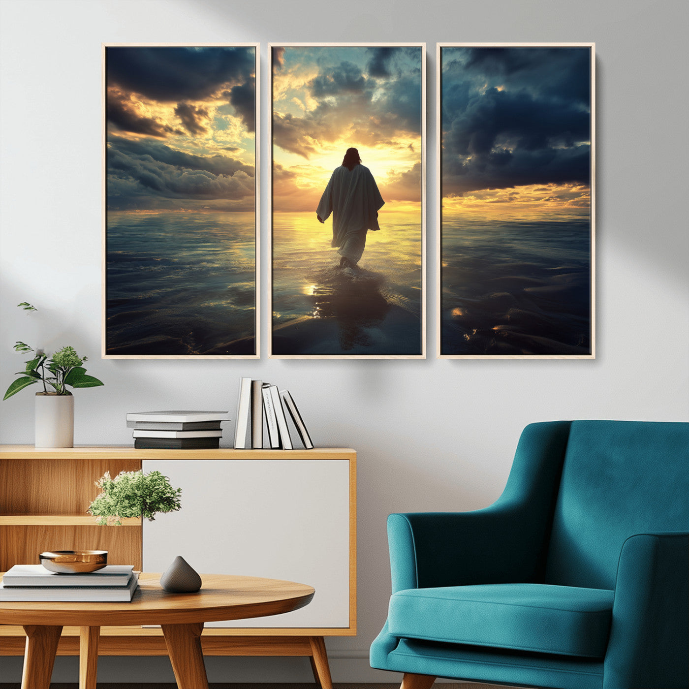 Spiritual artwork of Jesus walking on water at golden hour with divine light, ideal for Christian home decor or prayer room.